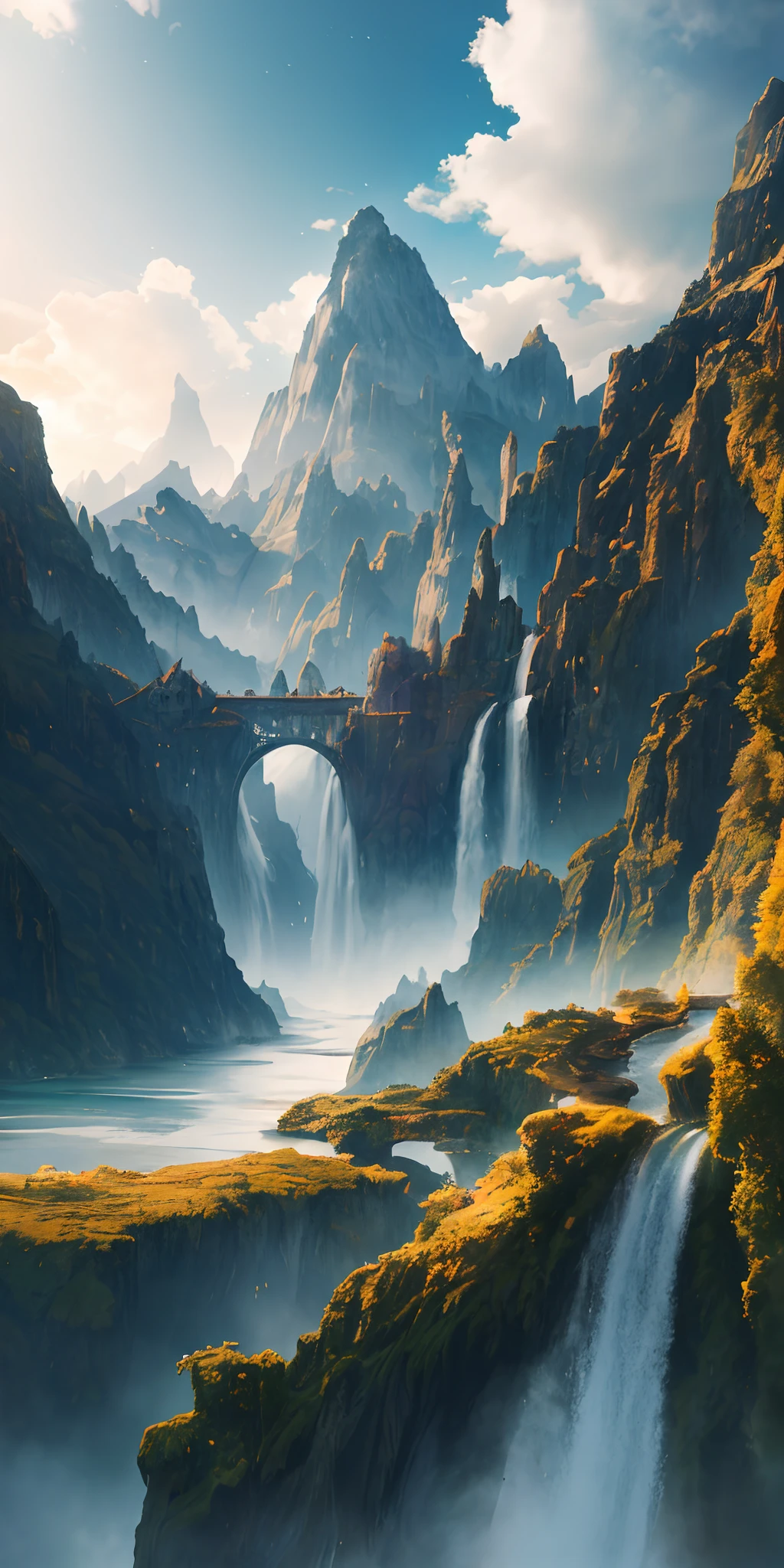 masterpiece, best quality, high quality, extremely detailed CG unity 8k wallpaper, scenery, outdoors, sky, cloud, day, no humans, mountain, landscape, water, tree, blue sky, waterfall, cliff, nature, lake, river, cloudy sky,award winning photography, Bokeh, Depth of Field, HDR, bloom, Chromatic Aberration ,Photorealistic,extremely detailed, trending on artstation, trending on CGsociety, Intricate, High Detail, dramatic, art by midjourney