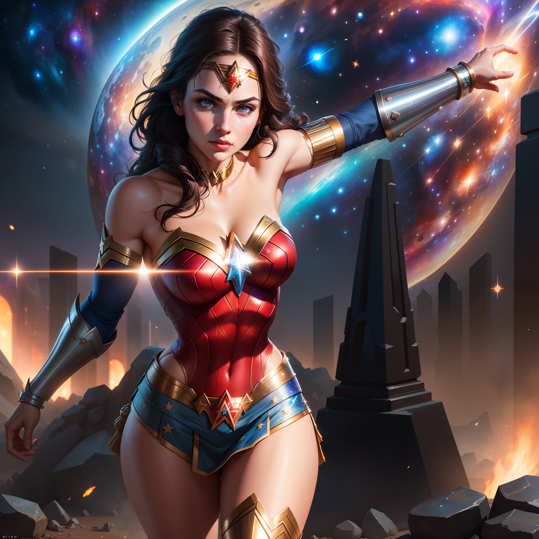 Highly detailed RAW color Photo, Wonder Woman, dynamic pose, (wide hips), (detailed skin), (detailed lips), (detailed eyes), (cosmic:1.4), (necropolis:1.1), (Sci-Fi setting) (detailed face), (curvy), detailed eyes, chromatic aberration, depth of field, soft lighting, masterpiece, best quality, intricate, (lens flare:0.7), (bloom:0.7), particle effects, raytracing, tone mapped, highly detailed, concept art, smooth, sharp focus, dramatic lighting, highly detailed artwork, cinematic, hyper realistic painting, trending on Artstation, 8K, incredible shadows, realistic, (highly detailed background:1.2), art by midjourney