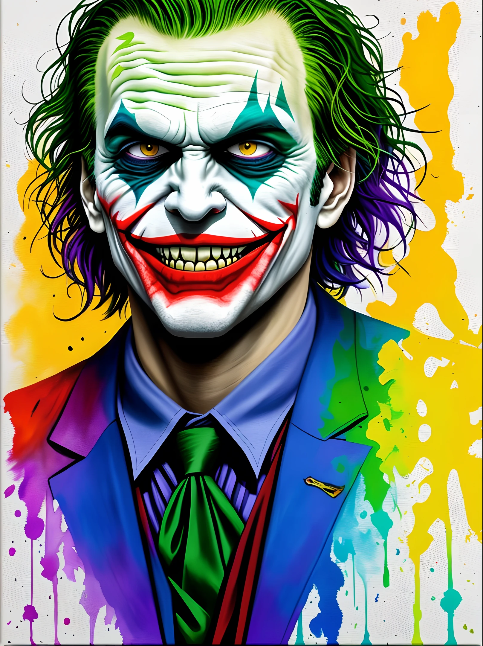 the joker staring into the camera with creepy smile, painting on canvas::
a dropping colorful paint splatter on canvas::