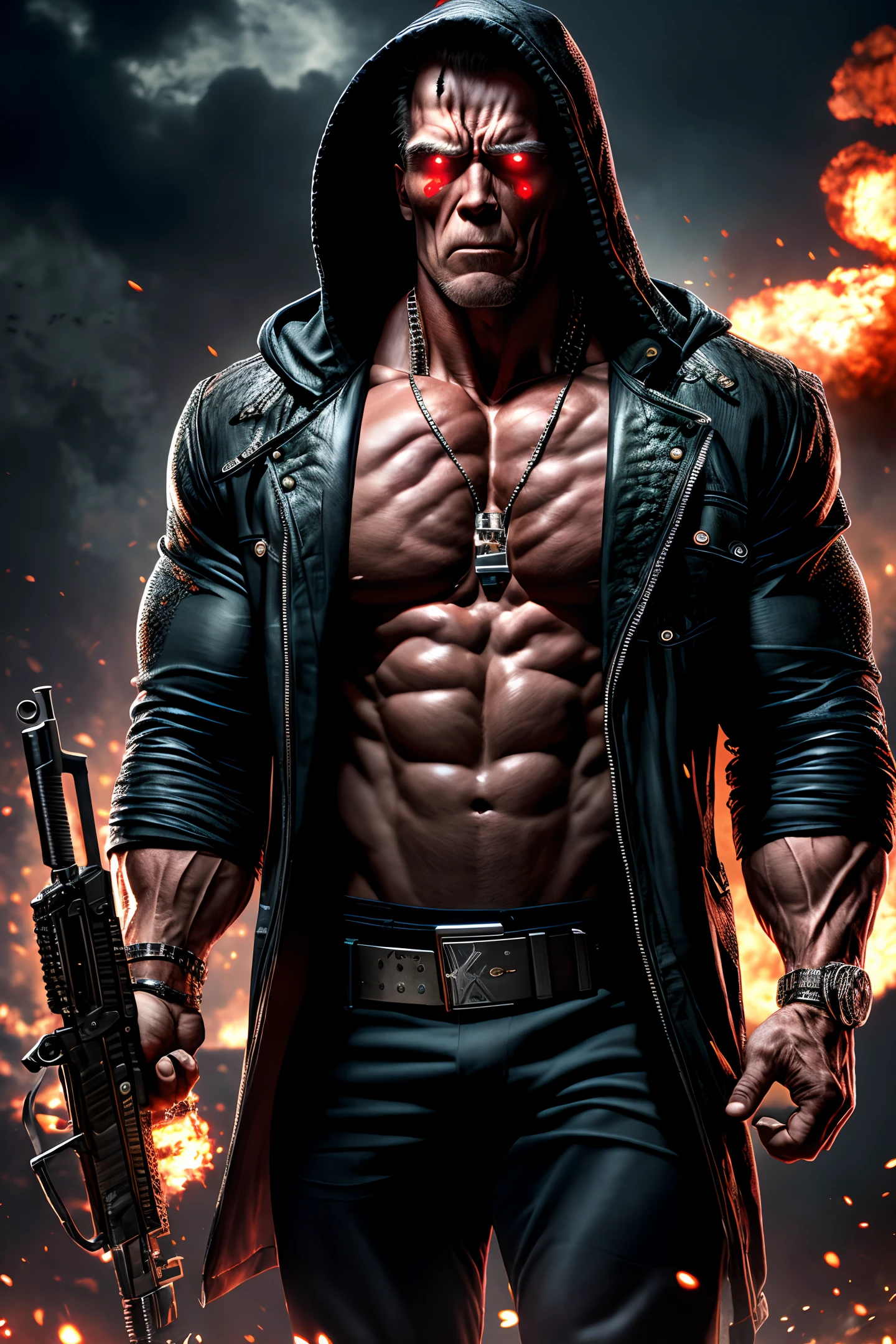 (extremely detailed 8k wallpaper),a medium shot photo of a fearful necromancer, intricate, high detail, dramatic, Arnold Schwarzenegger in Terminator,hooded shirt, holding gun.