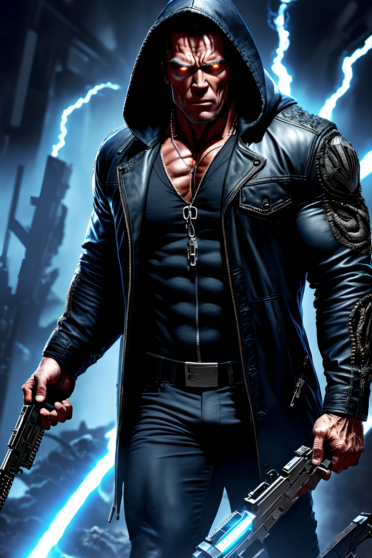 (extremely detailed 8k wallpaper),a medium shot photo of a fearful necromancer, intricate, high detail, dramatic, Arnold Schwarzenegger in Terminator,hooded shirt, gun,blue eyes.commando, vampire .