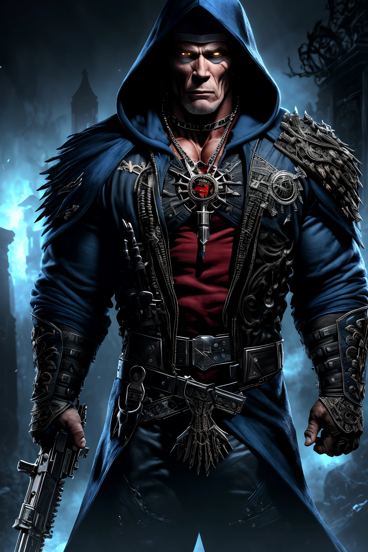 (extremely detailed 8k wallpaper),a medium shot photo of a fearful necromancer, intricate, high detail, dramatic, Arnold Schwarzenegger as vampire,hooded shirt, gun,blue eyes.commando.