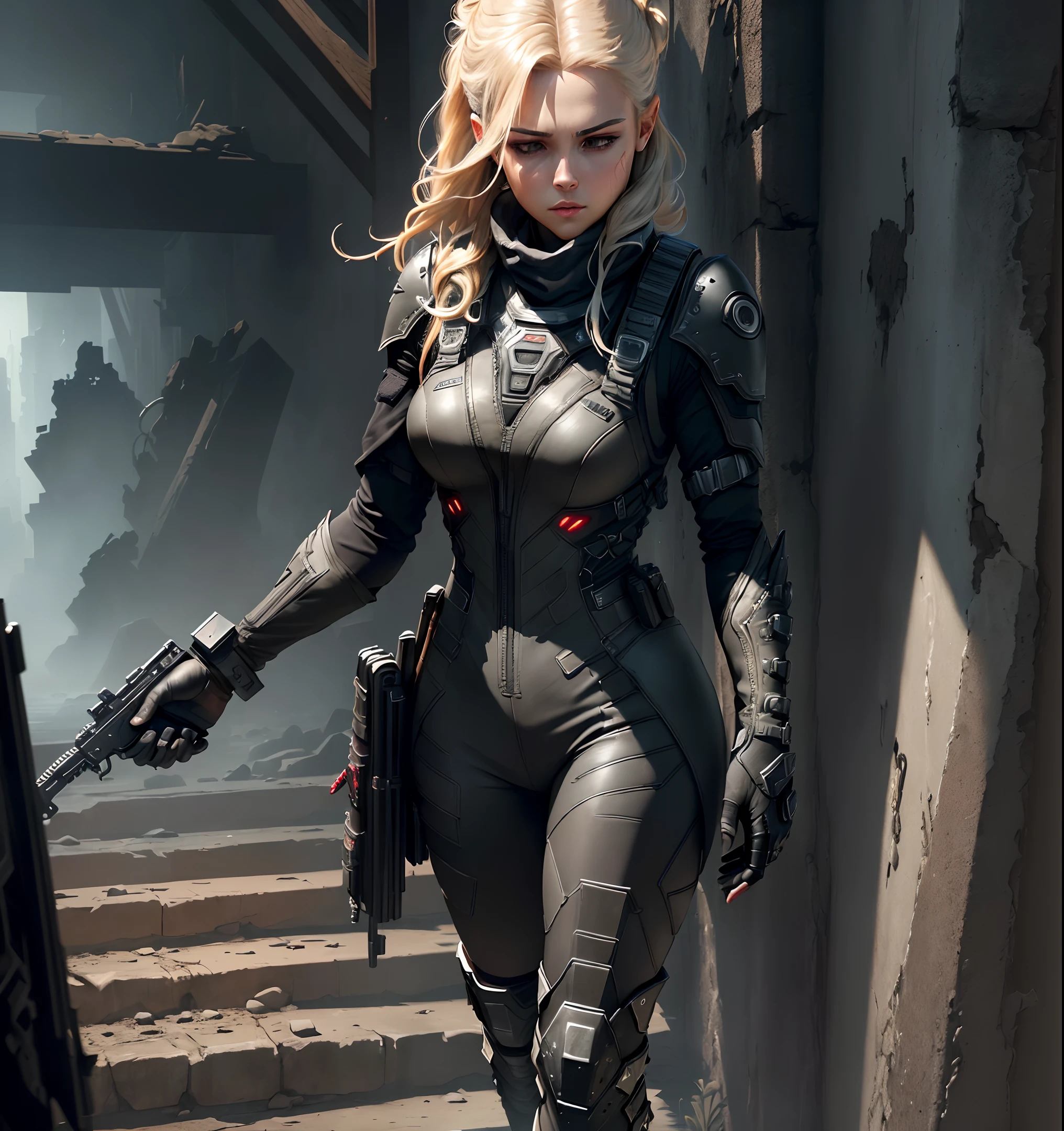 (extremely detailed CG unity 8k wallpaper), (masterpiece), (best quality:1.2), (highres), (illustration:1.1), (cinematic light:1.1), finely detailed, intricate details, (best illustration), 8k resolution, intricate details, best quality, realistic, ultra-detailed, best illumination, best shadow, ultra-HD, cryengine, ultra hd, (detailed reflection), detailed shadows, (((intricate details))), smooth, ((perfect shading)), high quality metal texture, metallic luster, highly detailed illustration, (semi realistic:1.6), (wide_shot:1.2), (from below, dutch_angle), dutch angle, ((cowboy shot)), (((1Female:1.5))),((guns in hand)), (((TWO SMG))) (with two guns at back), ((holding SMG)), (((athletic female))), ((half-closed eyes)), (grey eyes), very detailed face, (((long one sided blonde hair:1.1))), ((black clothes)), ((high quality black tactical gear, black tactical vest)), clothes flapping with wind, (urban_tech-wear + black_gloves), (stalker \\(warframe\\), ((tactical vest + tactical gear)), (survival gear), black clothing, tall boots, leather pants, leather , balck , shiny, perfect hands, archangel, demi-demon, complicated background, dynamic camera angle, blood rain behind, (warzone), (((high quality detailed ruins))), (depth of field), ((cinematic lighting)), ((horror)), ((dark fantasy)), lovecraftian, spot color, monotone, red, splashing blood, (best illumination), (hyper intricate details), ((ultra-detailed)), 4k unity, (extremely detailed CG:1.2), (8k:1.1), ((landscape view)), Artstation, ((by sui ishida, by Wenjun Lin, by stefan morrell)), dystopian art, apocalypse art, ((semi-realistic)), (realism), (dynamic), (nixeu_basic2:0.5), hero, sword, dual swords, long black hair, leather armor, fantasy, warrior, combat, action, adventure, strength, bravery, courage, single female, solo, only one person, ( mature)