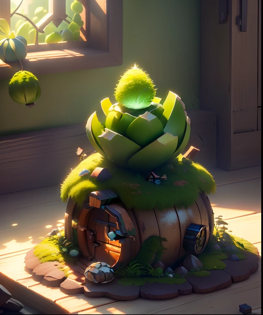 masterpiece, best quality, (extremely detailed CG unity 8k wallpaper), (best quality), (best illustration), (best shadow), A round turnip hut covered with moss, isometric 3D, octane render,ray tracing,ultra detailed