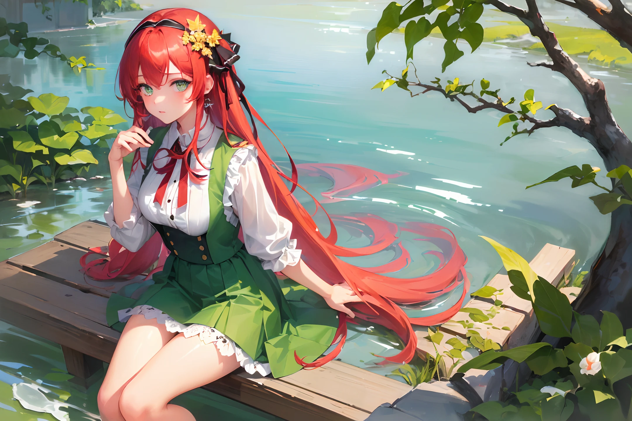(finely detailed beautiful eyes and detailed face,masterpiece sidelighting,masterpiece,best quality,detailed,high resolution illustration),
(1girl,whole body,bishoujo,lustrous skin,looking down,looking at viewer),
(bright red hair,green eyes,short skirt,ribbon,button shirt,green headband,green tie)