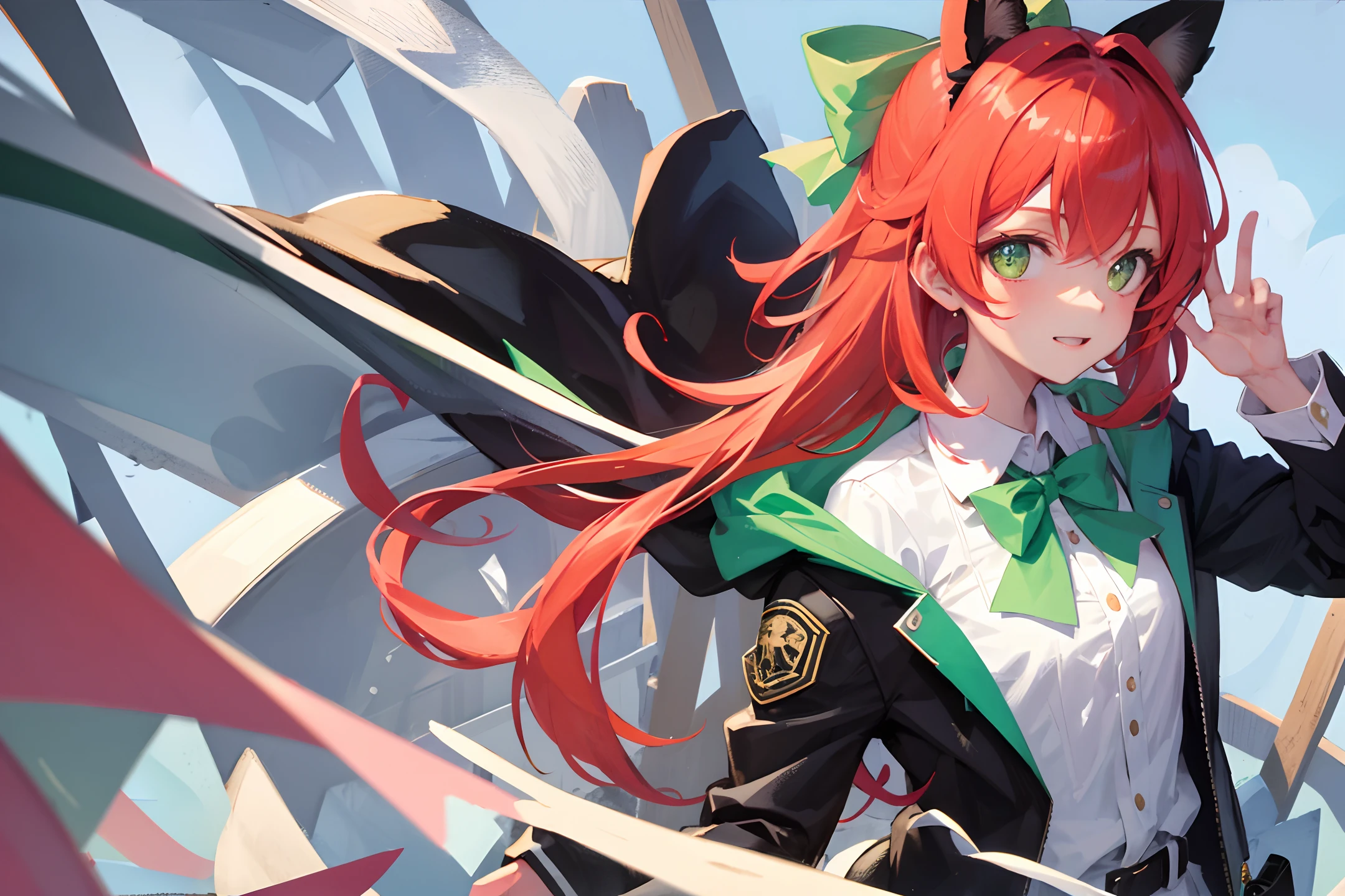 1girl, green eyes, solo, red hair, smile, shirt, necktie, green necktie, looking at viewer, collared shirt, white shirt, portrait, bangs, ribbon, green bow, hair ribbon, long hair, parted lips, star (sky), bow, green ribbon, hair bow, medium hair, sky, gradient background, gradient, starry sky, hood, upper body, hood down, jacket
