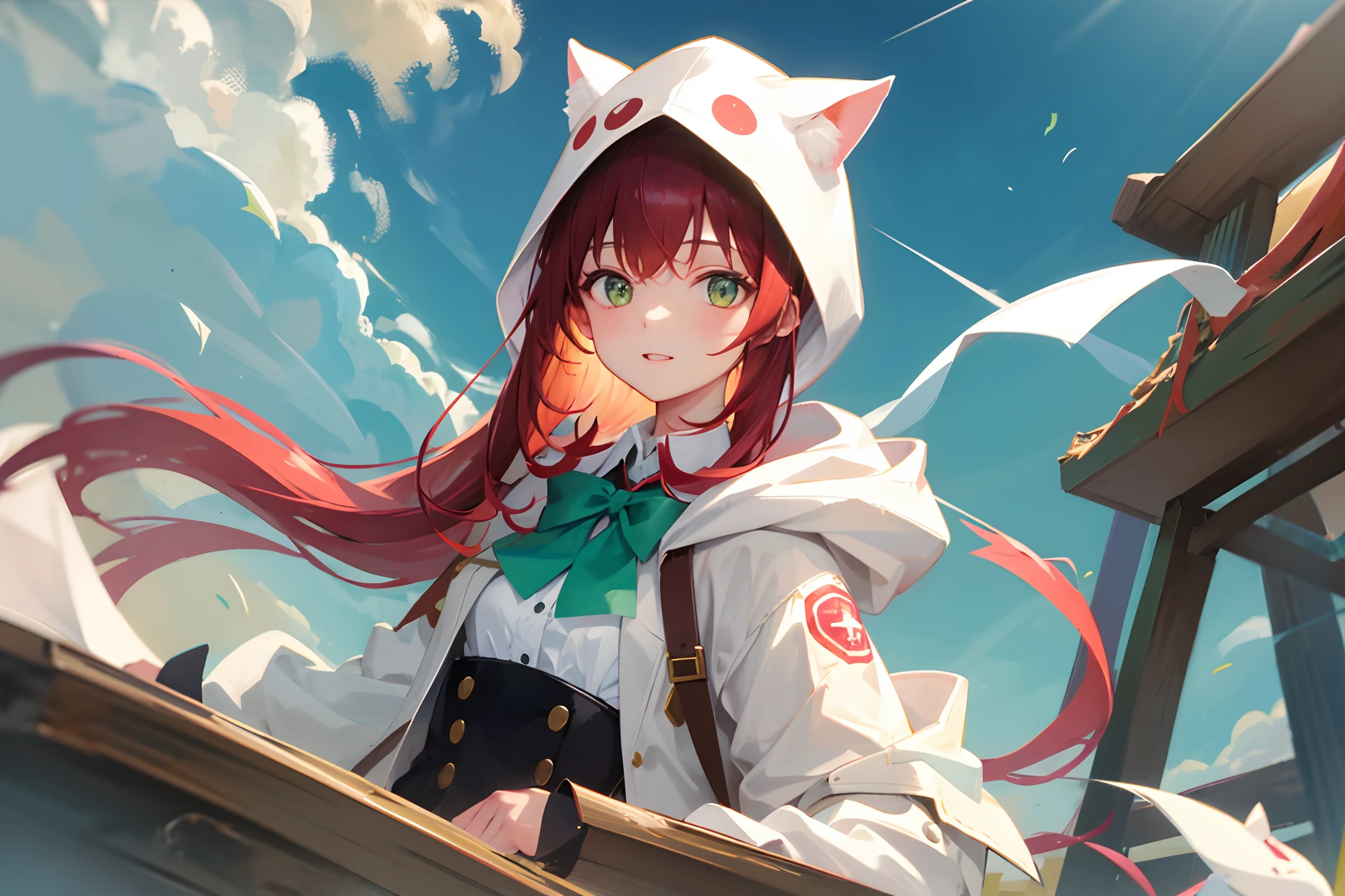 1girl, green eyes, solo, red hair, smile, shirt, necktie, green necktie, looking at viewer, collared shirt, white shirt, portrait, bangs, ribbon, green bow, hair ribbon, long hair, parted lips, star (sky), bow, green ribbon, hair bow, medium hair, sky, gradient background, gradient, starry sky, hood, upper body, hood down, jacket，holding a cute little cat