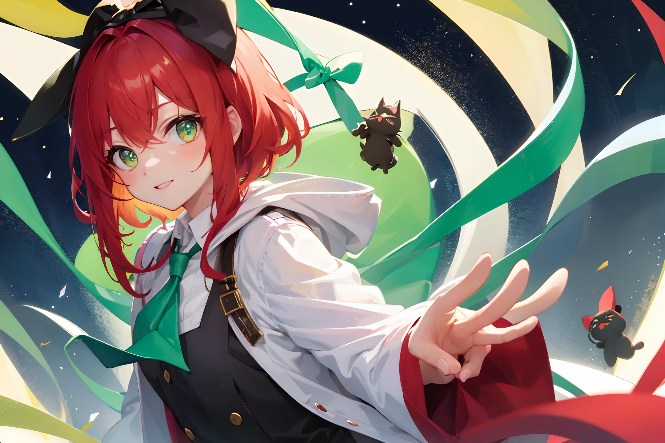 1girl, green eyes, solo, red hair, smile, shirt, necktie, green necktie, looking at viewer, collared shirt, white shirt, portrait, bangs, ribbon, green bow, hair ribbon, long hair, parted lips, star (sky), bow, green ribbon, hair bow, medium hair, sky, gradient background, gradient, starry sky, hood, upper body, hood down, jacket，holding a cute little cat