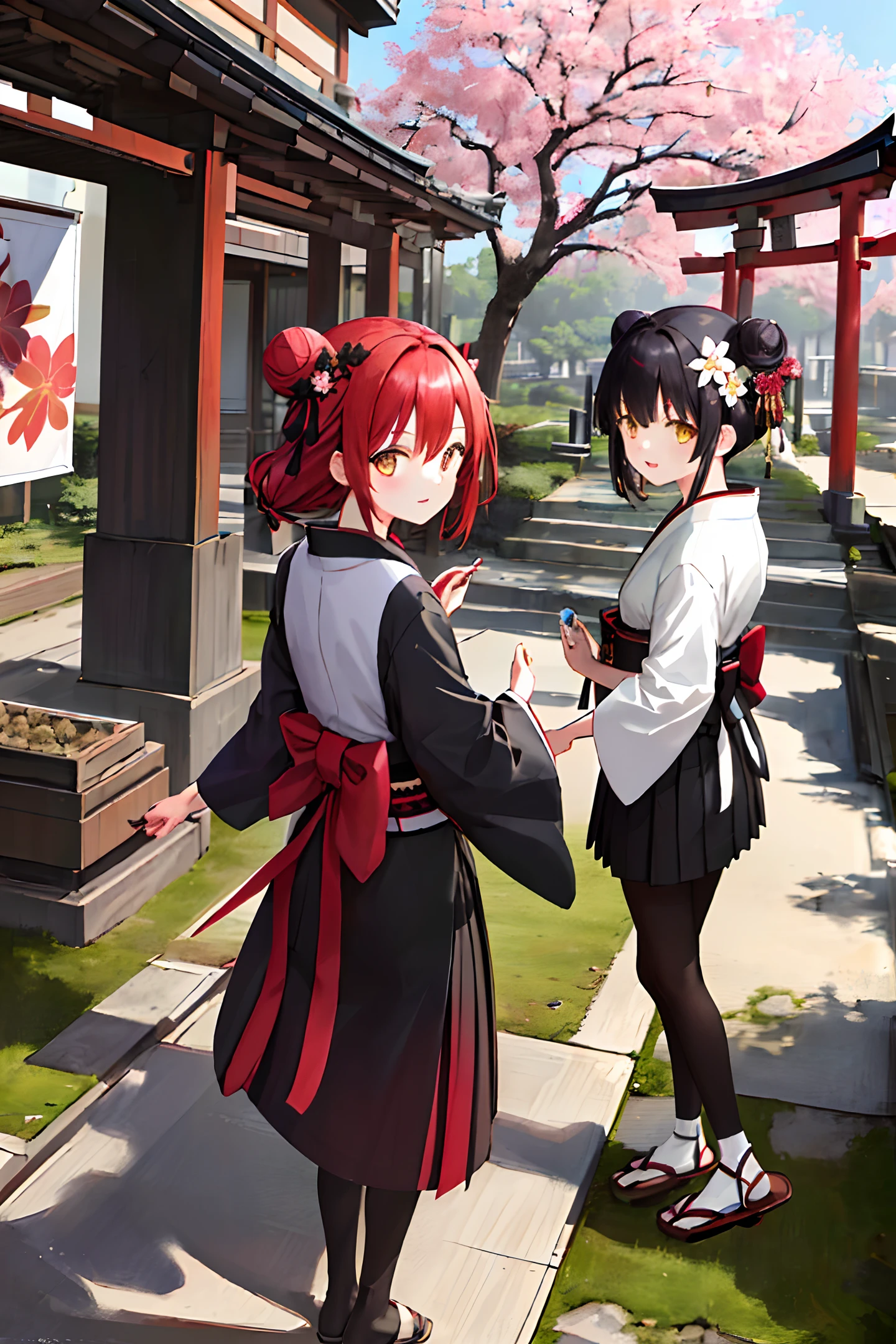 ((masterpiece,best quality)),2girls, black kimono, black legwear, black ribbon, black hair, cherry blossoms, day, flower, hair bun, hair ribbon, japanese clothes, kimono, long hair, looking at viewer, looking back, multiple girls, obi, outdoors, red eyes, red hair, ribbon, sandals, single hair bun, stairs, standing, statue, torii, tree, white kimono, yellow eyes