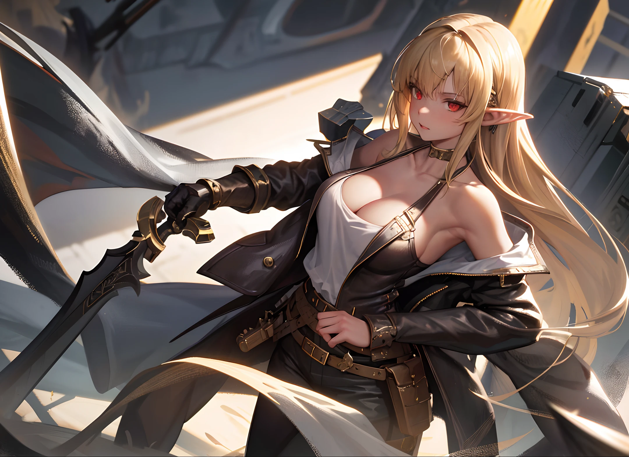 (unparalleled masterpiece, sidelighting, finely detailed beautiful eyes: 1.2), ultra realistic 8k CG, perfect artwork,upper body, Highly detailed RAW color Photo, one girl, solo, Viking female warrior, beautiful, half-elf, khaki hair, tanned skin, shocking eyes, evil, red eyes, eyelashes, perfect lips, short pointed ears, gold teeth, ranger hat, shirt outlining, Loose, elegant and comfortable, revealing collarbone, complicated metal belt, heavy leather pants, flintlock gun, swift sword hanging on the belt, dynamic picture, non-frontal face, Viking style, one character,savage warrior,female captain, leather jacket, single character, dirty laundry, dim lighting, realistic very dark lighting, heavy shadows, detailed, detailed face, seductive posture, sexy pose, alluring,????????, gorgeous