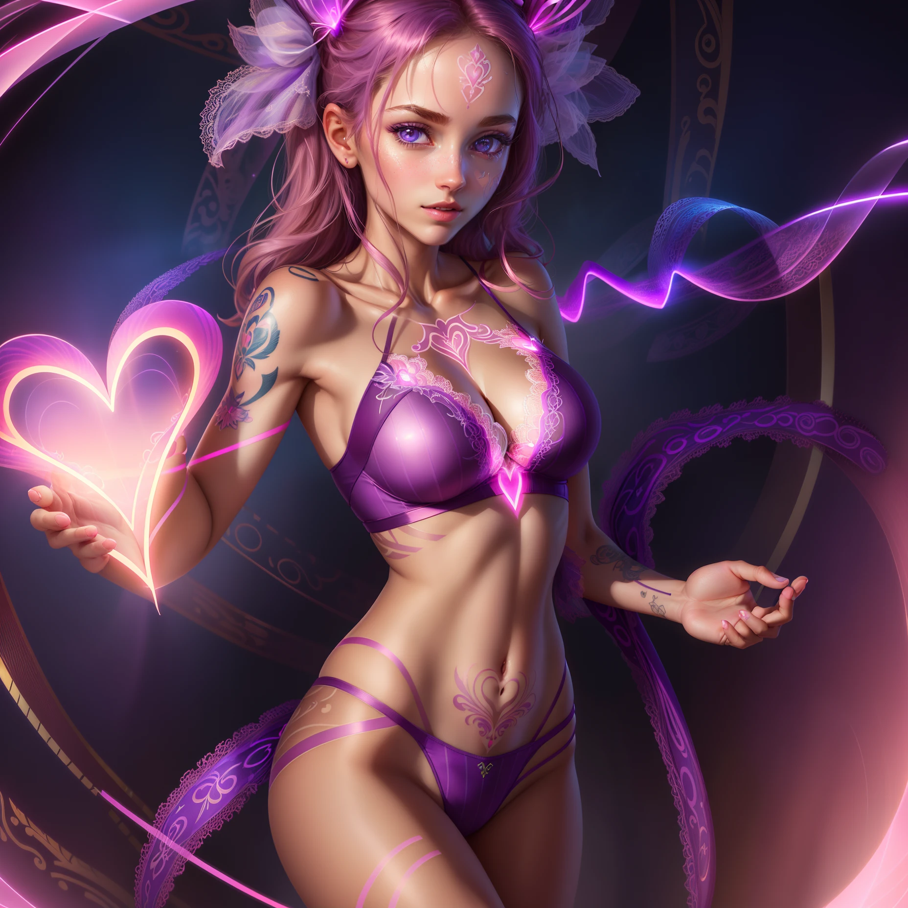 ((ultra-detailed CG artwork, masterpiece, high quality)), glowing purple lines on abdomen, glowing abdomen, full body tattoos, lacy lingerie, enlarged breasts, Z-cup size, stripes and cloud patterns on tattoos, pink lines on chest, swimsuit, heart-shaped pupils with mist around mouth, seductive gaze, pink background, nudity.