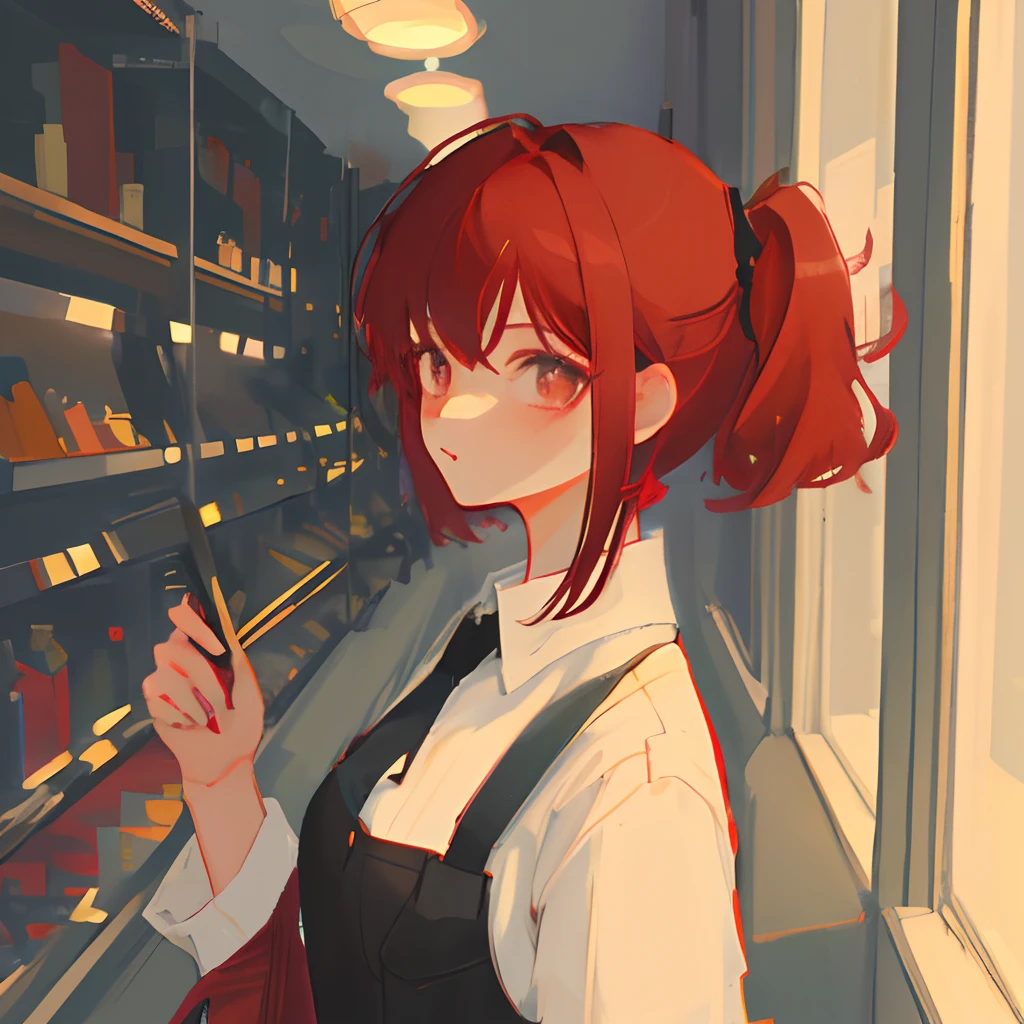 short girl with short red hair having high boy with long black bang,, masterpiece, detailed, love
