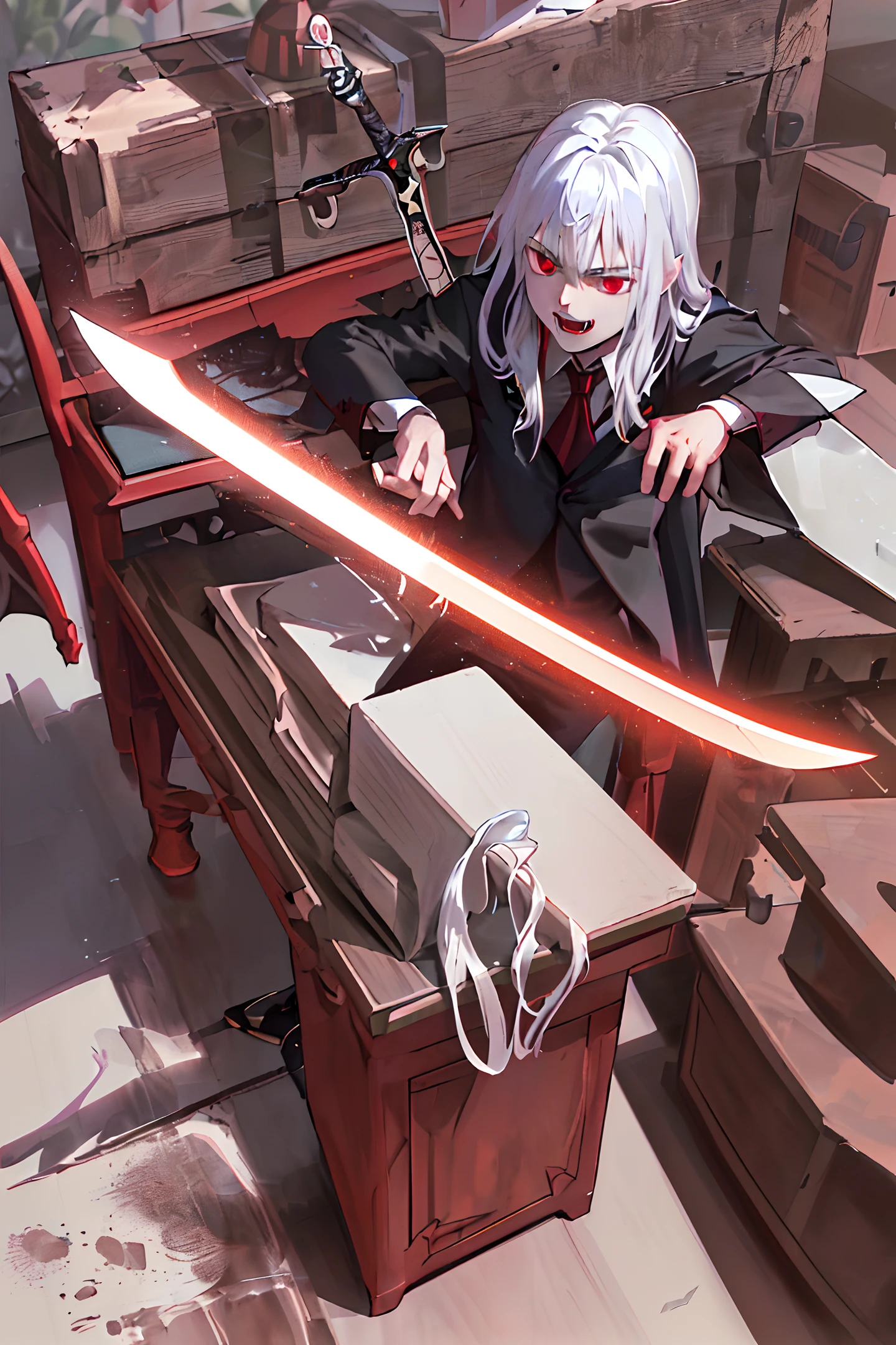 (extremely detailed CG unity 8k wallpaper,masterpiece, best quality, ultra-detailed),(best illumination, best shadow, an extremely delicate and beautiful),dynamic shot,

[(((Vampire)),((Vlad Dracul)),(sword)),action pose, red eyes, black hair, white shirt,((fangs)),dramatic scenery,clouds,lightning,shadows,dark background:1.2]