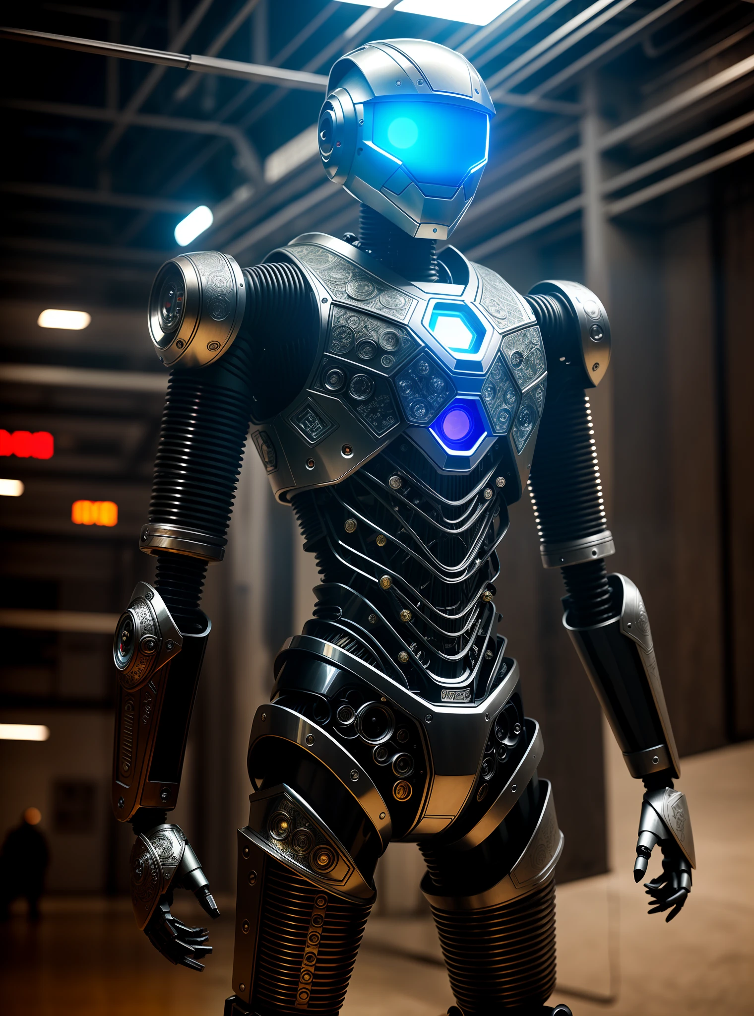 a cool robot made out of metal, (whole-body:1.1), ([tail | detailed wire]:1.3), (intricate details), hdr, (intricate details, hyperdetailed:1.2), cinematic shot, vignette, centered,he looked at me