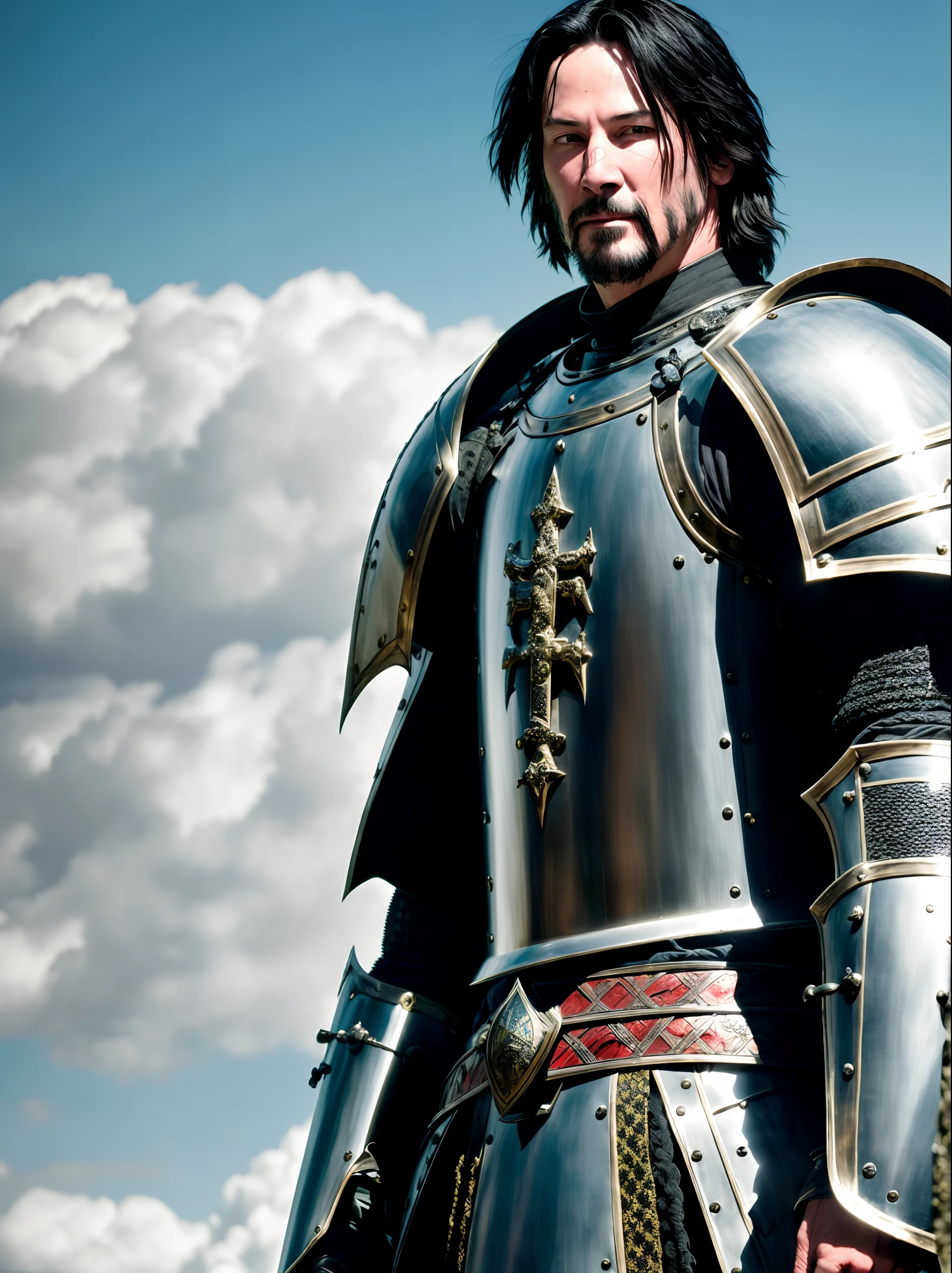 (extremely detailed 8k wallpaper),A terrifying mid shot photo of a medieval plate knight, Intricate, High Detail, dramatic，White haired Keanu Reeves，warhammer