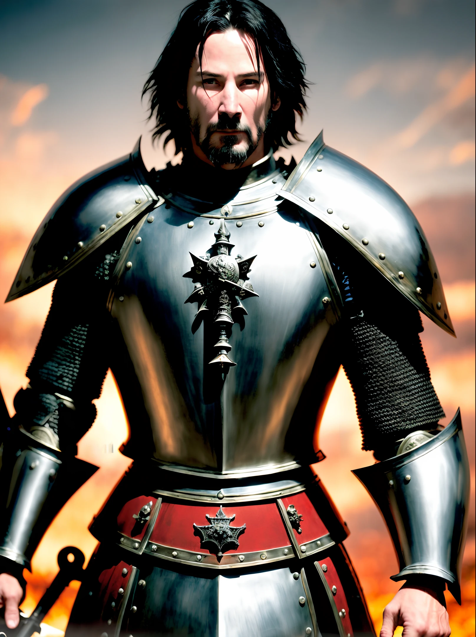 (extremely detailed 8k wallpaper),A terrifying mid shot photo of a medieval plate knight, Intricate, High Detail, dramatic,White haired Keanu Reeves,warhammer
