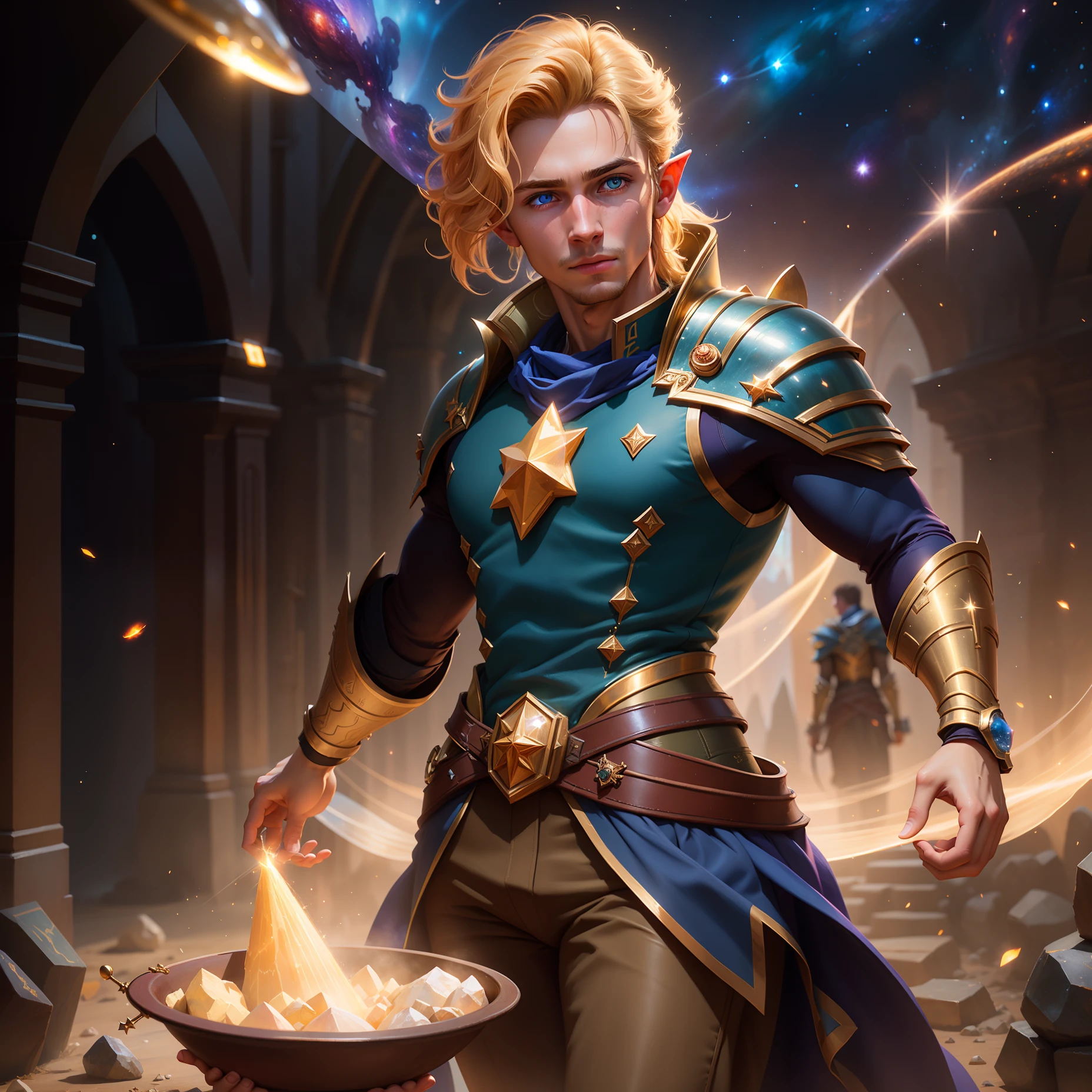 Highly detailed RAW color Photo, Handsome young boy, dynamic pose, (wide hips), (detailed skin), (detailed lips), (detailed eyes), (cosmic:1.4), (necropolis:1.1), (Dungeons & Dragons setting) (detailed face), (curvy), A bard,detailed eyes, Golden hair,Elf ear,Sea blue eyes,chromatic aberration, depth of field, soft lighting, masterpiece, best quality, intricate, (lens flare:0.7), (bloom:0.7), particle effects, raytracing, tone mapped, highly detailed, concept art, smooth, sharp focus, dramatic lighting, highly detailed artwork, cinematic, hyper realistic painting, trending on Artstation, 8K, incredible shadows, realistic, (highly detailed background:1.2), art by midjourney