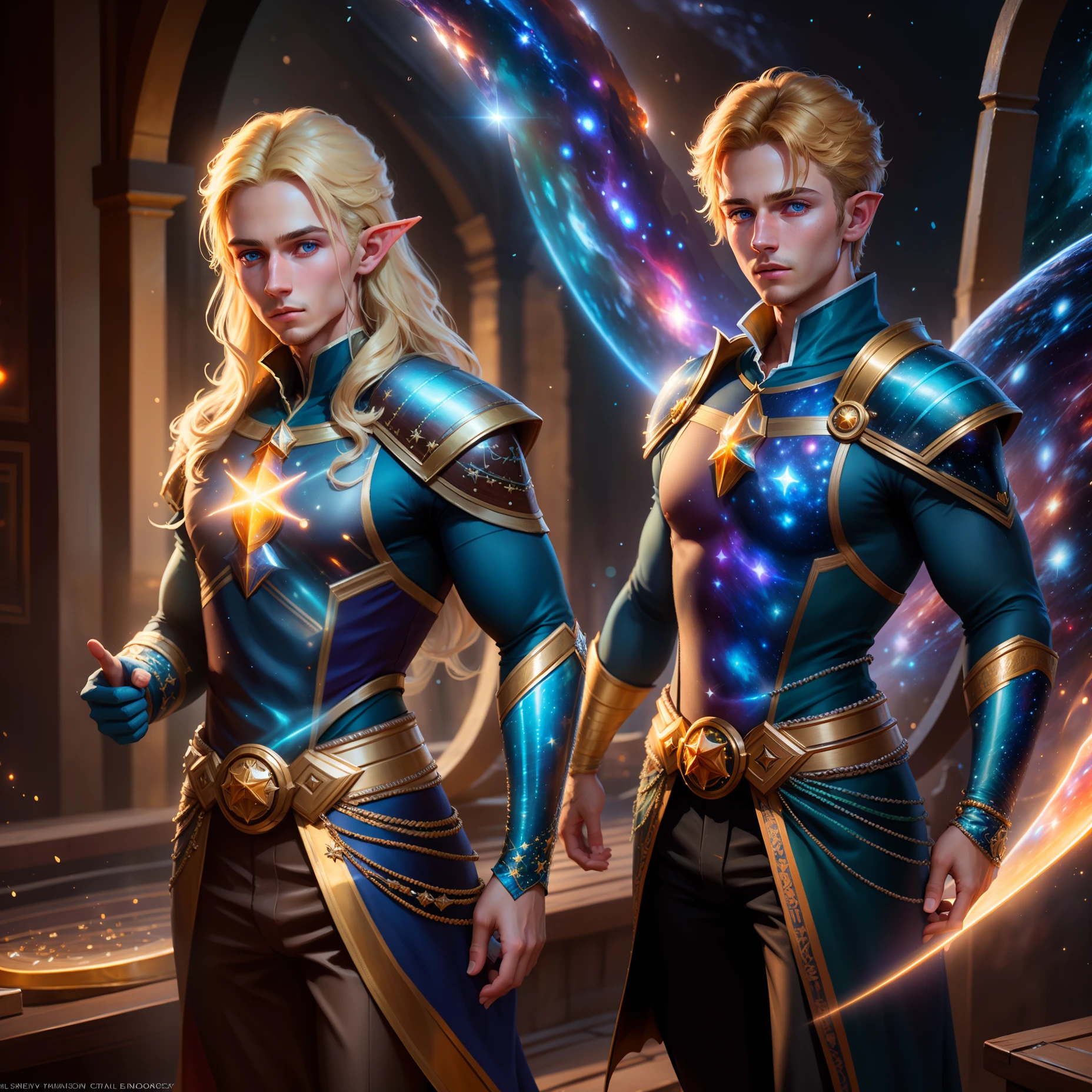 Highly detailed RAW color Photo, Handsome young boy, dynamic pose, (wide hips), (detailed skin), (detailed lips), (detailed eyes), (cosmic:1.4), (necropolis:1.1), (Dungeons & Dragons setting) (detailed face), (curvy), A bard,detailed eyes, Golden hair,Elf ear,Sea blue eyes,chromatic aberration, depth of field, soft lighting, masterpiece, best quality, intricate, (lens flare:0.7), (bloom:0.7), particle effects, raytracing, tone mapped, highly detailed, concept art, smooth, sharp focus, dramatic lighting, highly detailed artwork, cinematic, hyper realistic painting, trending on Artstation, 8K, incredible shadows, realistic, (highly detailed background:1.2), art by midjourney