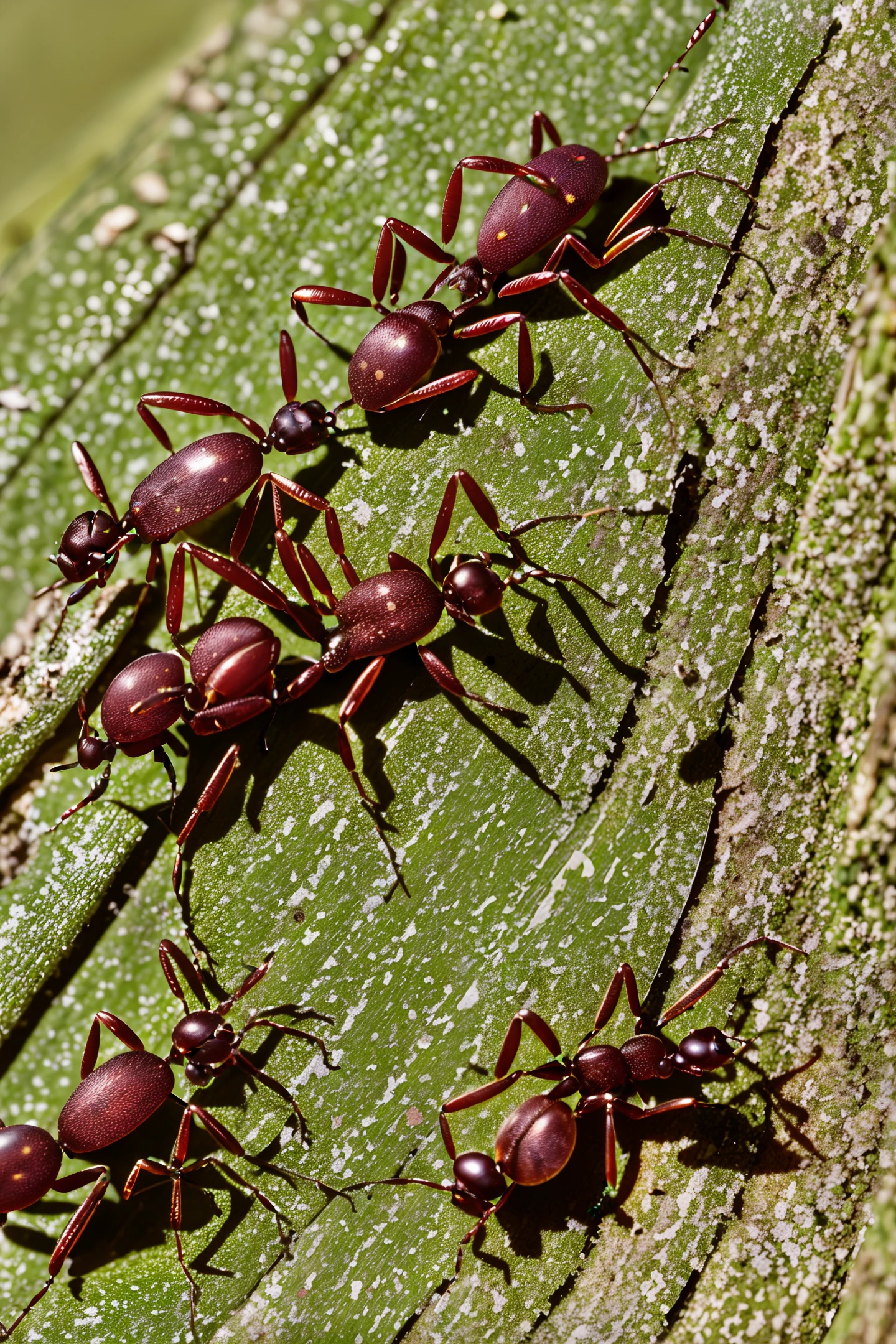A group of black ants are surrounding an anthill to prevent a brown gecko from approaching it. The gecko tries to catch the ants with its mouth, but the ants climb up its body and bite its skin and scales. The scene is filled with bright colors and details, depicting the ants' mouths, the grooves on the anthill, and the scales on the gecko's body. The entire scene is lively and full of vitality.