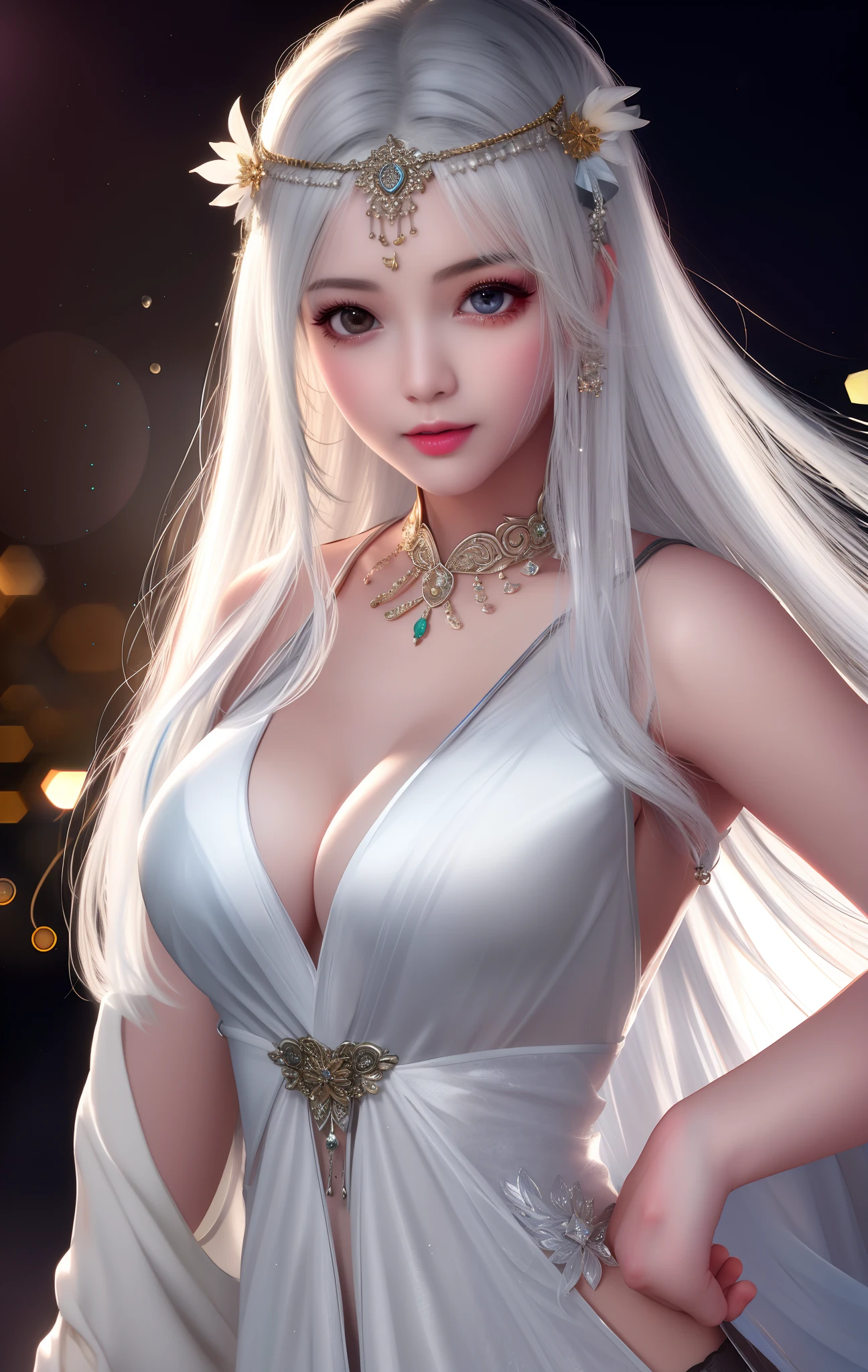 best quality, masterpiece, highres, 1girl,china dress,hair ornament,necklace, jewelry,Beautiful face,upon_body, tyndall effect,photorealistic, dark studio, rim lighting, two tone lighting,(high detailed skin:1.2), 8k uhd, dslr, soft lighting, high quality, volumetric lighting, candid, Photograph, high resolution, 4k, 8k, Bokeh,white hair,Asian faces, revealing clothes,sexy body