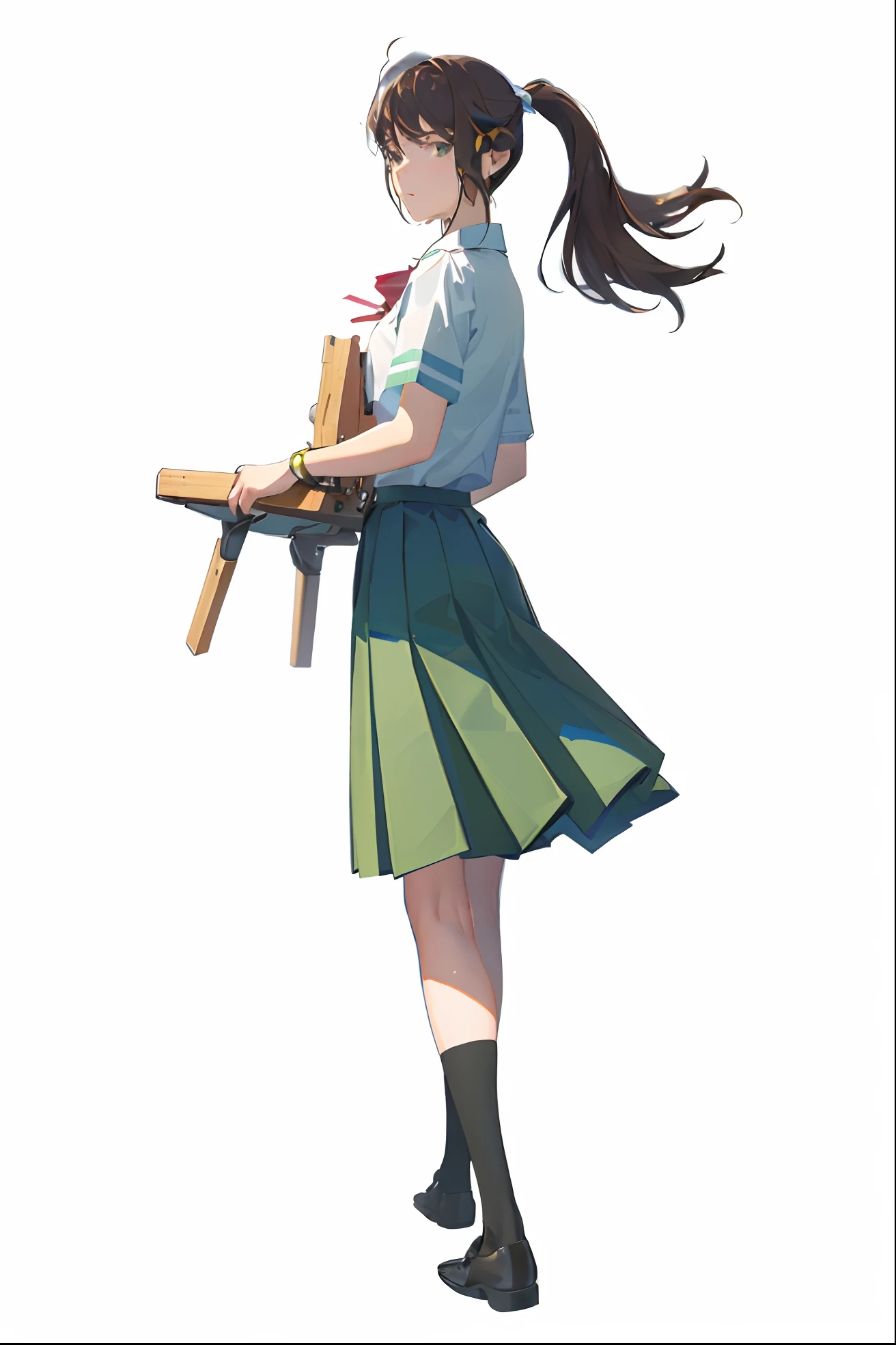 ((high quality)), ((masterpiece)), 8k, 2girls, ((green jk skirt)), white jk top, ((standing on the blue sea level)), school uniform, light, extremely detailed CG unity 8k wallpaper, game cg, looking at viewer, brown hair, ponytail, brown eyes, black socks, leather shoes, full body, wooden bench, red bow tie, beautiful sky, outdoor