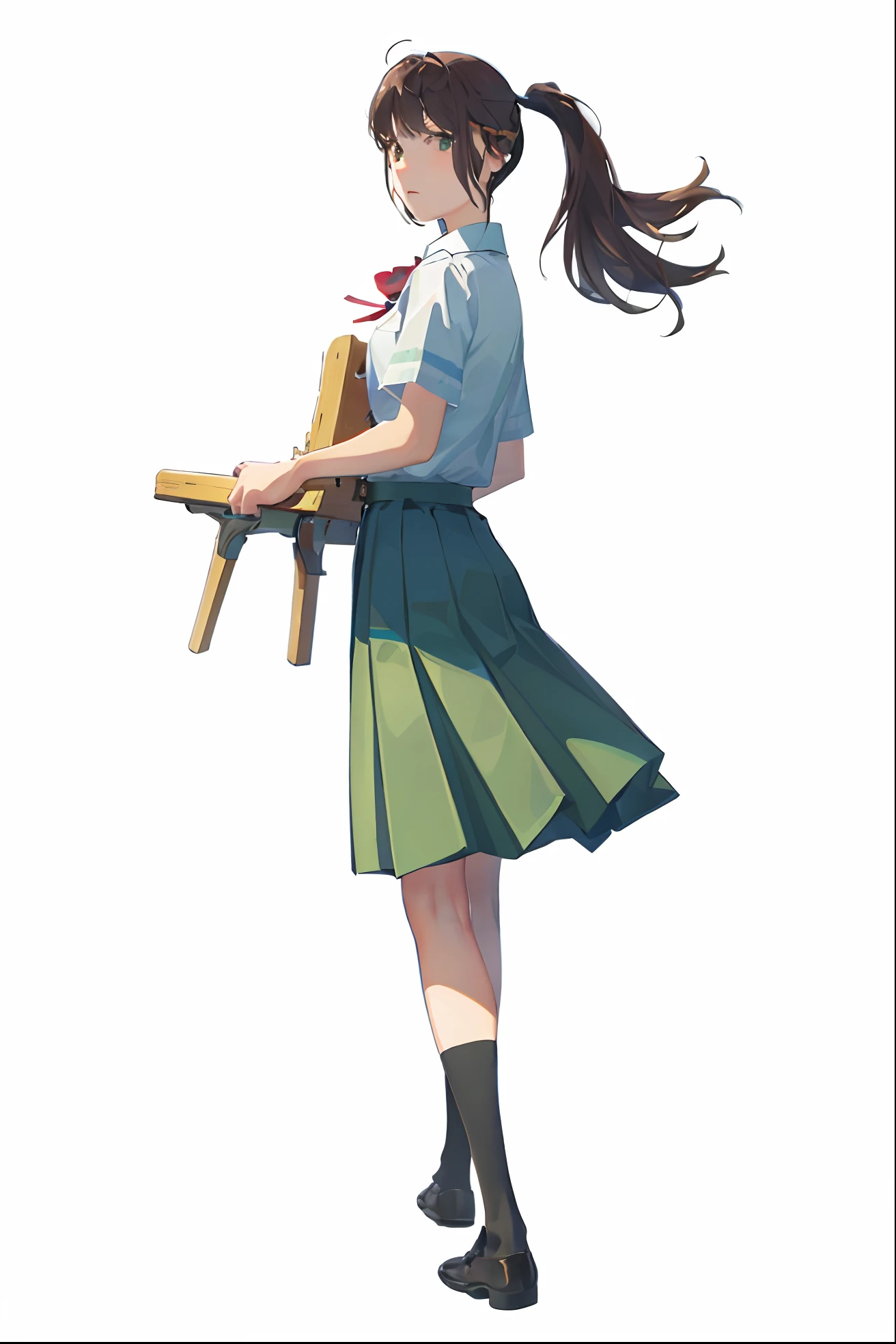 ((high quality)), ((masterpiece)), 8k, 2girls, ((green jk skirt)), white jk top, ((standing on the blue sea level)), school uniform, light, extremely detailed CG unity 8k wallpaper, game cg, looking at viewer, brown hair, ponytail, brown eyes, black socks, leather shoes, full body, wooden bench, red bow tie, beautiful sky, outdoor