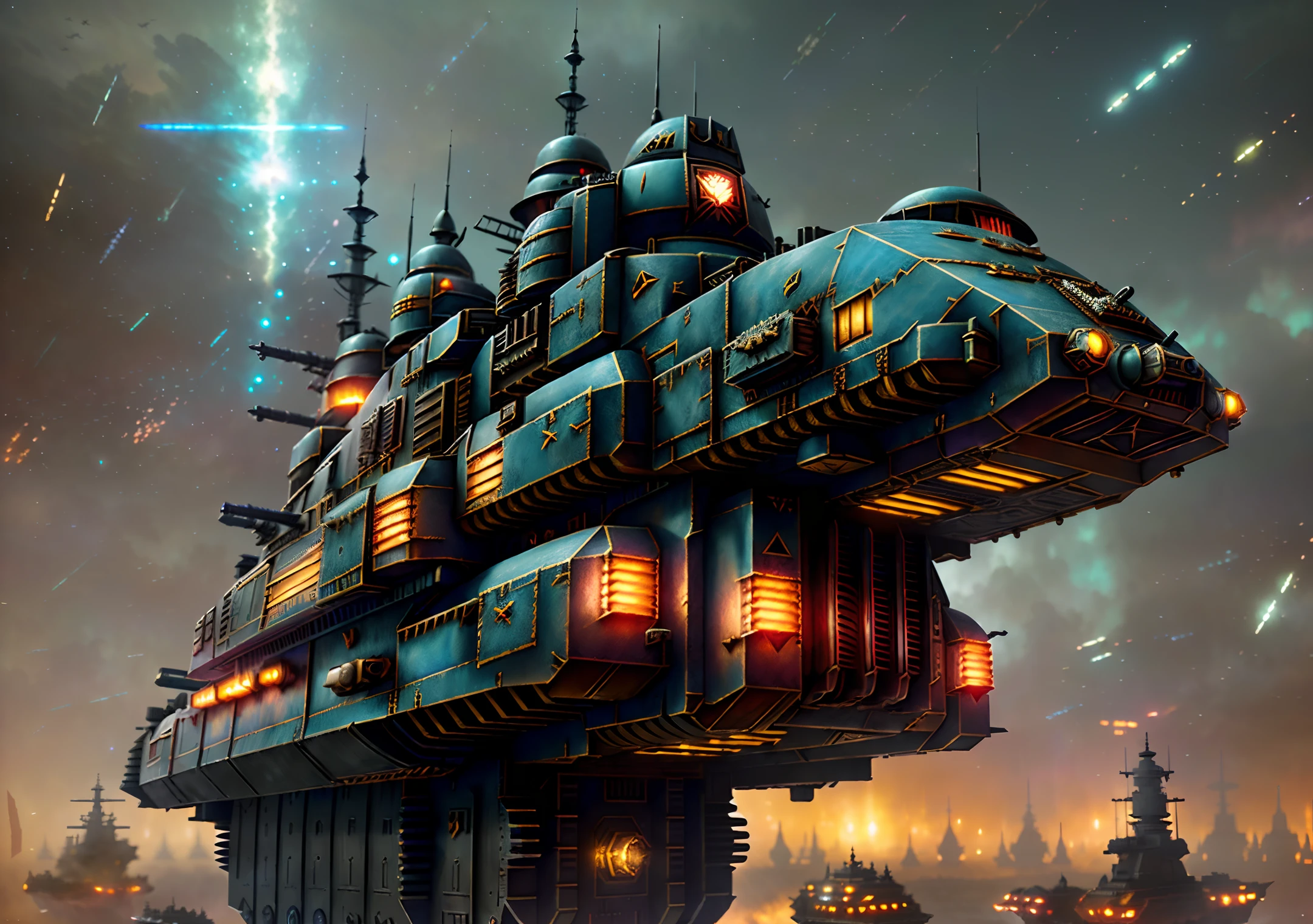 (Warhammer 40k),8k,(one flying battleships),(ultra-detailed, masterpiece, best quality),(dynamic angle),high resolution, floating, cinematic shot, (dramatic pose),(dystopian city) , cinematic lighting, dramatic, guardian armour, astro militarium, dark desert, (soothing tones:1.25), (hdr:1.35), (artstation:1.5), (intricate details:1.14), (rutkowski:1.1), (faded:1.3), (muted colors:1.1), (illustration:1.3)
