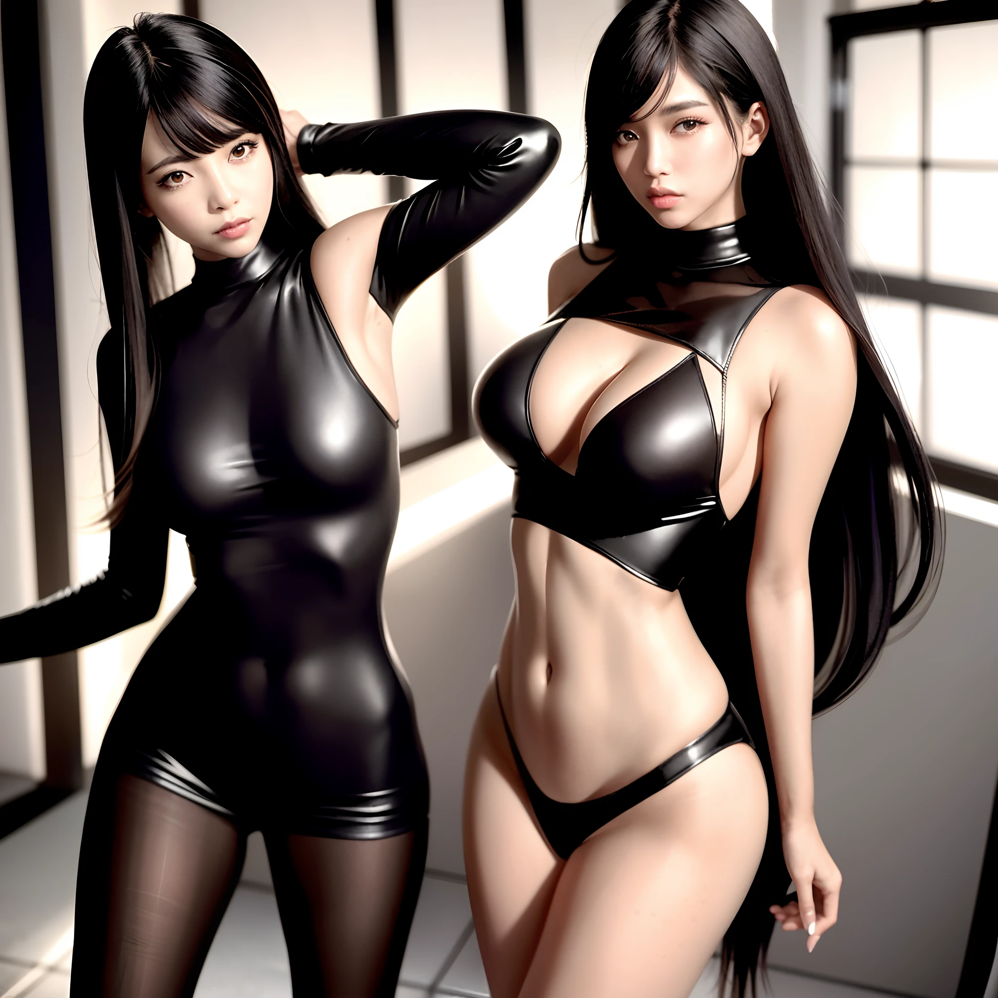 "An absolute masterpiece of best quality, with a single shot that captures the confident presence of a figure with flowing black hair, styled in long locks and bangs, and alluring brown eyes. This captivating subject wears a striking black sheer bodysuit, perfectly highlighted by the busy urban street scene in full shot."