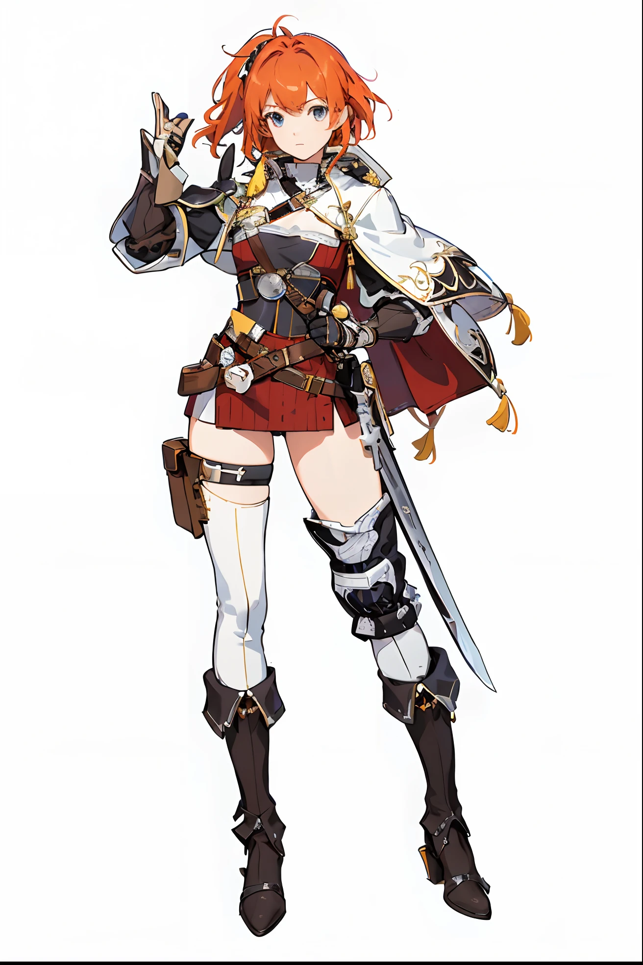 simple background, white background, solo, (simple background, white background: 1.3),
Masterpiece, female 1, adventurer girl, medieval long sword, short orange hair, left ponytail, right hand raised, left hand on hip, white short cloak, left knee pad, black leather boots, red undershirt
game character design, concept design, character, character, high detail,
