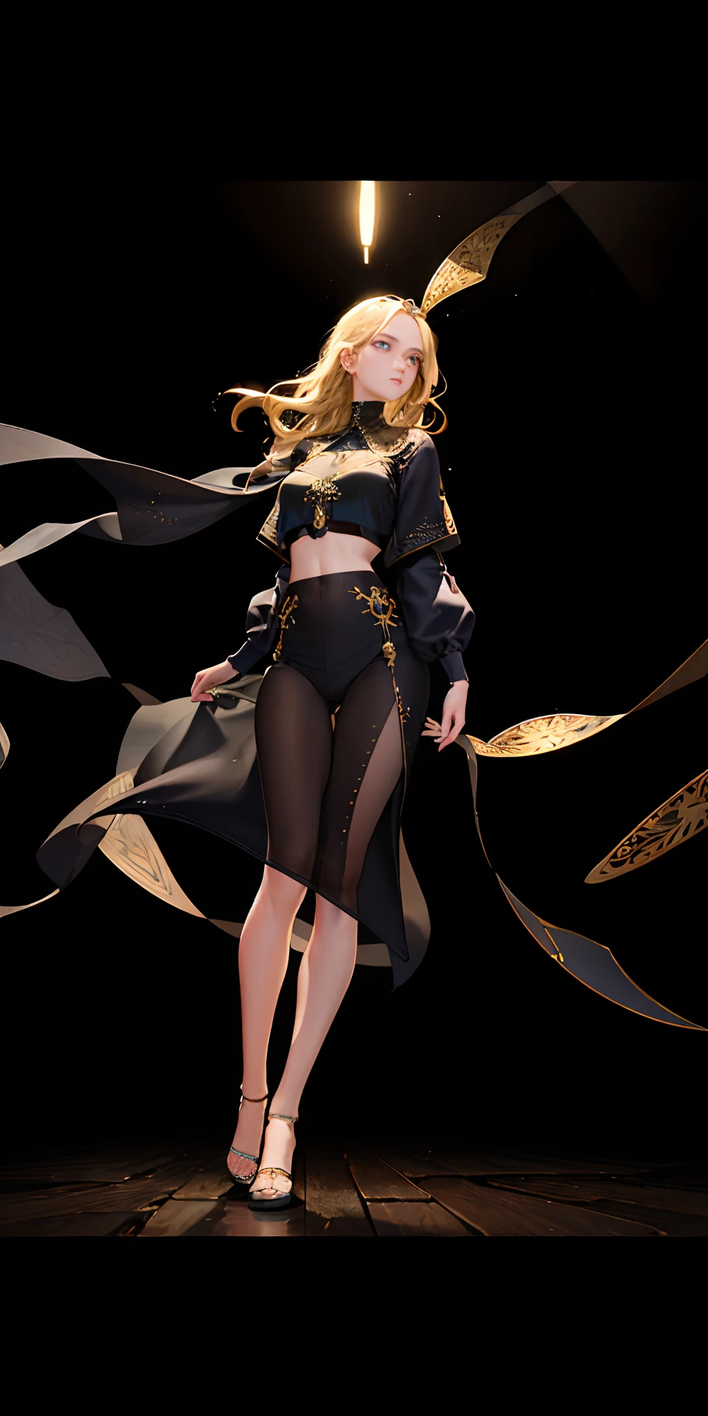 (photorealistic:1.4), (masterpiece, sidelighting, finely detailed beautiful eyes: 1.2), masterpiece*portrait, realistic, 3d face, glowing eyes, shiny hair, lustrous skin, solo, embarassed, (midriff), black underwear, blonde hair,