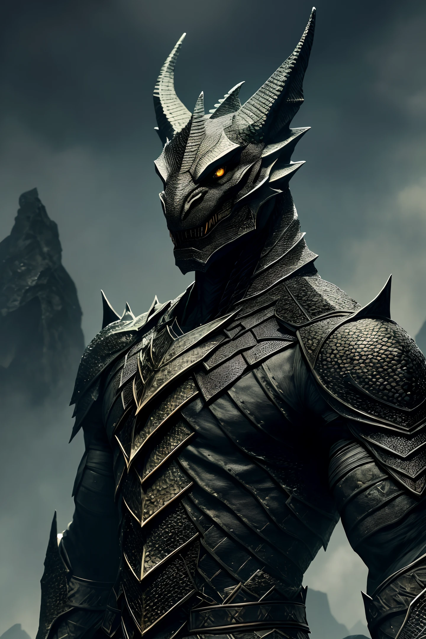A black dragonborn, black scale-covered head, angular face line, tall head