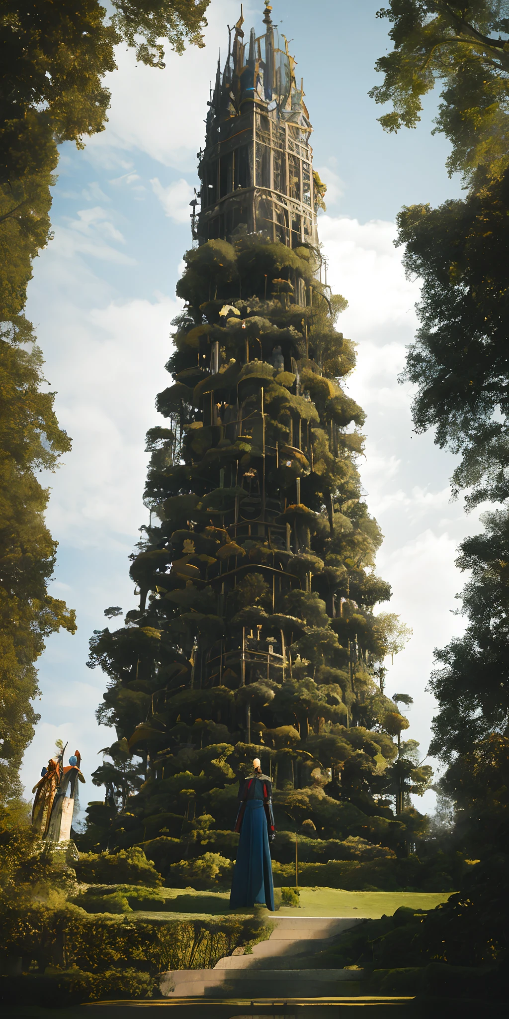 Forest, towers, metalwork, human women standing on towers