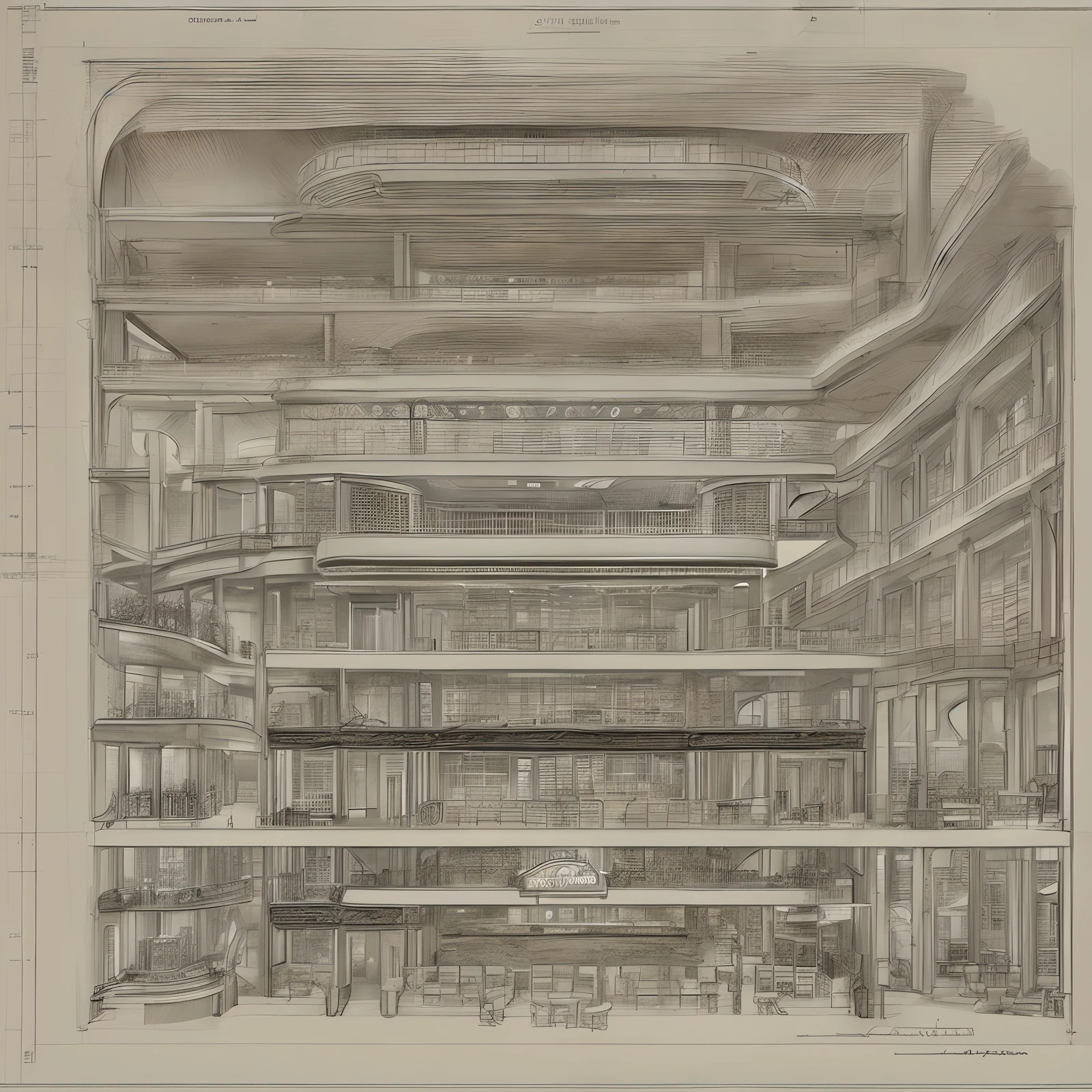 Anatomical drawing of the cruise ship, side view of the cruise ship, engineering drawings, showing the internal restaurant, gym, bar, and casino