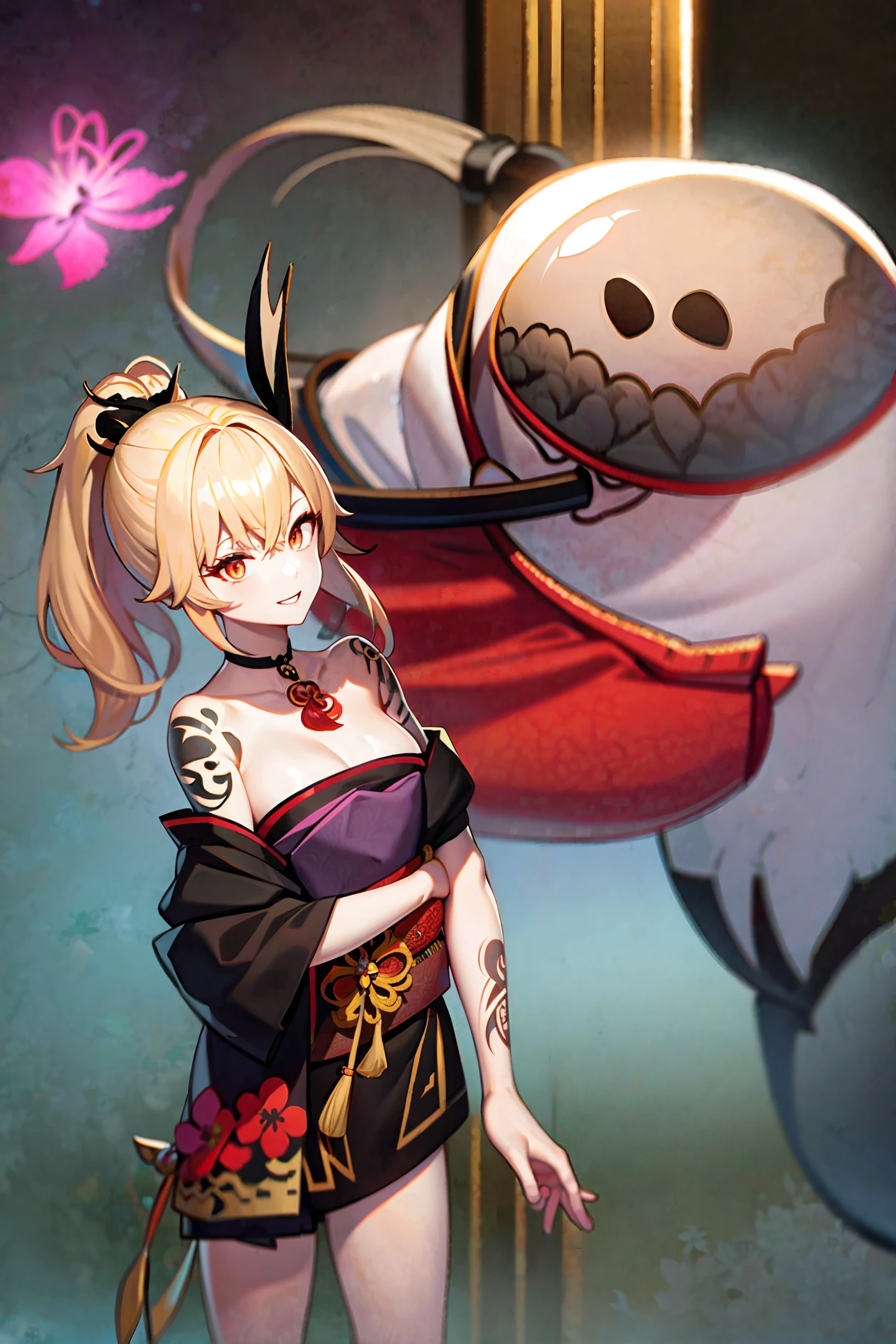 masterpiece, best quality, highres, 1girl, blonde hair, medium hair, asymmetrical hair, floating hair, hair between eyes, high ponytail, sidelocks, hair ornament, fish hair ornament, tassel, kanzashi, bangs, orange eyes, open mouth, smile, teeth, upper teeth only, choker, red choker, pendant choker, butterfly choker， collarbone, tattoo, chest tattoo, flower tattoo, cleavage, medium breasts, thighs, bandages, bandaged leg, sarashi, budget sarashi, chest sarashi, black sash, hadanugi dousa, houkisei, kimono, kinchaku, obi, obiage, obijime, pouch, rope, sash, shimenawa, short kimono, single bare shoulder, vision (genshin impact), east asian architecture, cherry blossoms,  arms behind head,nakadashi，black underwear，lustrous skin，