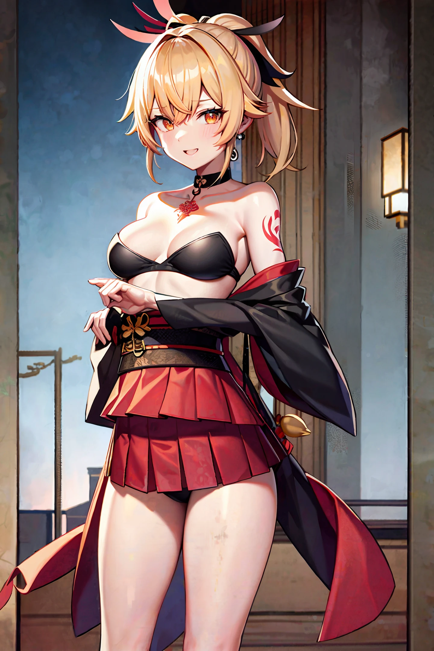 masterpiece, best quality, highres, 1girl, blonde hair, medium hair, asymmetrical hair, floating hair, hair between eyes, high ponytail, sidelocks, hair ornament, fish hair ornament, tassel, kanzashi, bangs, orange eyes, open mouth, smile, teeth, upper teeth only, choker, red choker, pendant choker, butterfly choker, collarbone, tattoo, chest tattoo, flower tattoo, cleavage, medium breasts, thighs, bandages, bandaged leg, sarashi, budget sarashi, chest sarashi, black sash, hadanugi dousa, houkisei, kimono, kinchaku, obi, obiage, obijime, pouch, rope, sash, shimenawa, short kimono, single bare shoulder, vision (genshin impact), east asian architecture, cherry blossoms, arms behind head,nakadashi,black underwear,lustrous skin,