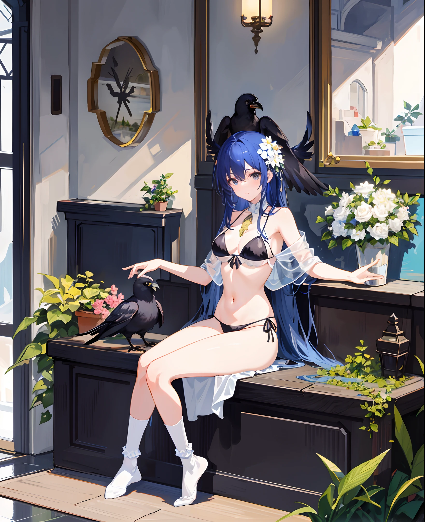 (masterpiece), (best quality), full body,indoor background,sitting,
1girl,shiny hair,blue hair, ((see-through)),navel,light smile,
plant, flower, detective theme,((white socks)), ((crow)),black_bikini,near the poor