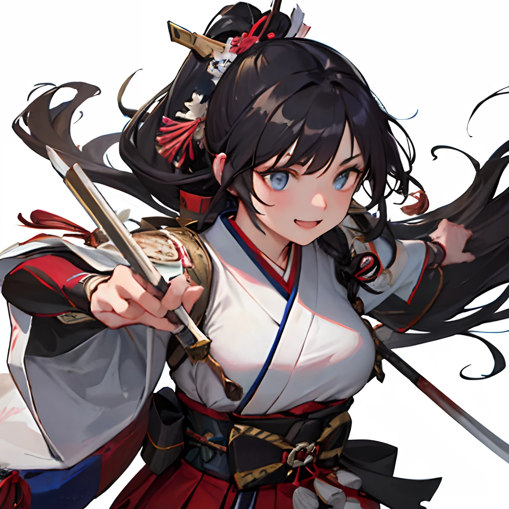 ((masterpiece,ultra-detailed, intricate details, best quality,illustration)),1girl, solo, highres, looking at viewer, blue eyes, black hair, long hair, side ponytail, smiling, wearing traditional Japanese clothing, hakama, uwagi, geta, holding a katana sword, in a Japanese garden, sakura tree, petals falling, shoji door, sunlight shining through, warrior pose, confident expression, heroic, strong, feminine, empowered, traditional, Japanese culture, Eastern aesthetics, elegant, beautiful, detailed, vibrant colors, high contrast, dynamic lighting, realistic textures, traditional painting style, illustration aesthetic，sex