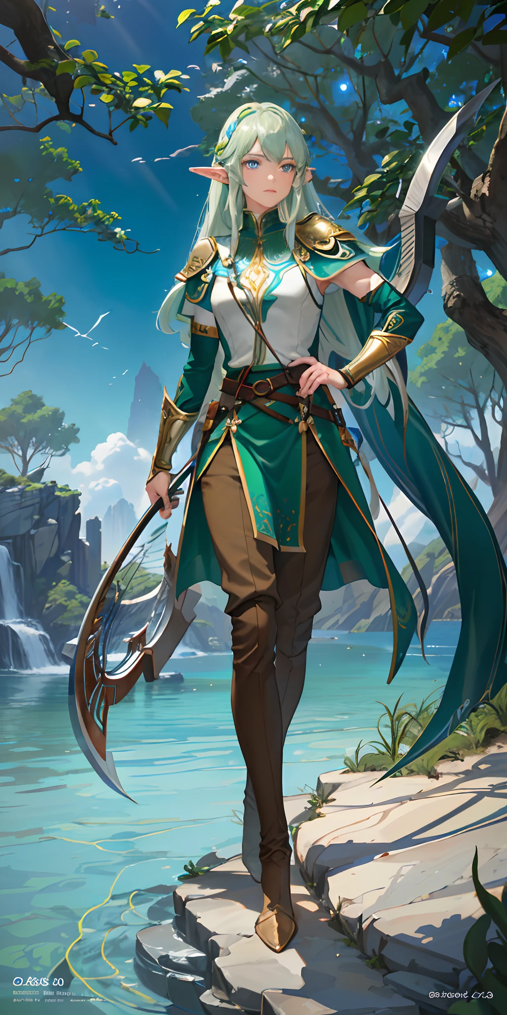 (ultra-detailed, high-resolution, breathtaking) Male Elf, with (sharp features, long hair),(green eyes:1.2|blue eyes), wearing (elven armor:1.3|forest green tunic and brown trousers), holding a bow and arrow.