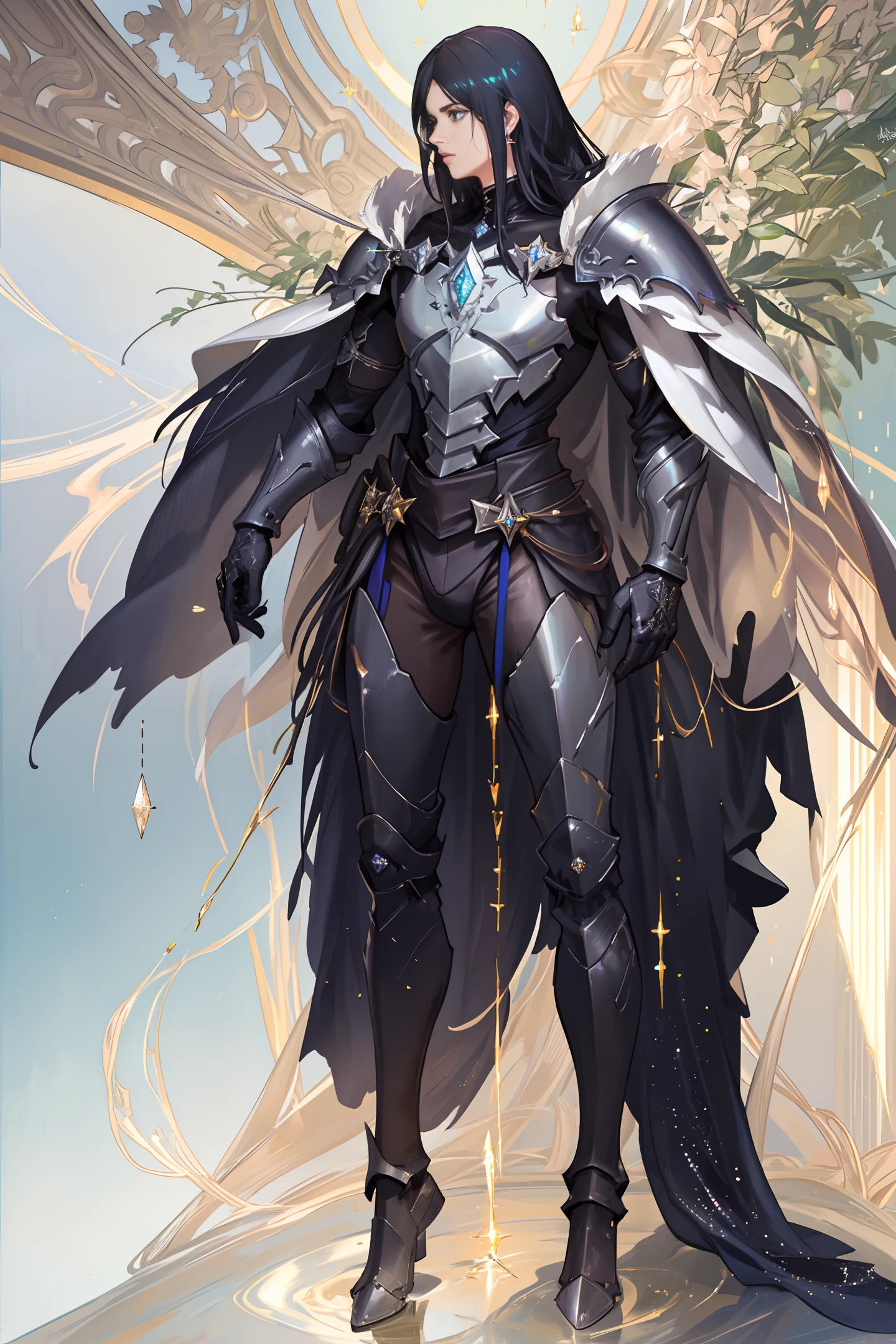 (silver dust, sunlight, trickles, puddles, liquid, glossy:1.6), (magnificent jewelry inlaid with gems and (diamonds:1.2), (sapphires:1.1) dazzlingly sparkle, bright highlights:1.5), (gold chain jewelry:1.3), (extremely detailed CG unity 8k wallpaper, hasselblad award winner), handsome young man, male, man, short golden hair, serious, dramatic pose, full shot body photo, knight in shiny armor, cinematic lighting, photorealistic, dynamic pose, sharp-focus, Dynamic composition, 80s fantasy art by Luis Royo, trending on ArtStation, trending on CGSociety, Intricate, High Detail, Sharp focus, dramatic, photorealistic painting art by midjourney and greg rutkowski