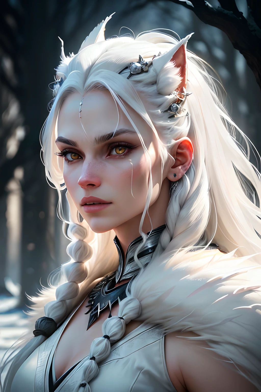 White werewolf (female), werewolf, hairy all over, lots of hair, white hair, white dreadlocks on the head, Fantasy, global lighting, backlight, bloom, ((cold light)), sharp focus, photo realistic, detailed skin, Background defocus, film composition, super Detail, realistic, super realistic, Capacity Lighting, 8k, Trends on artstation, (from the side :1.25)