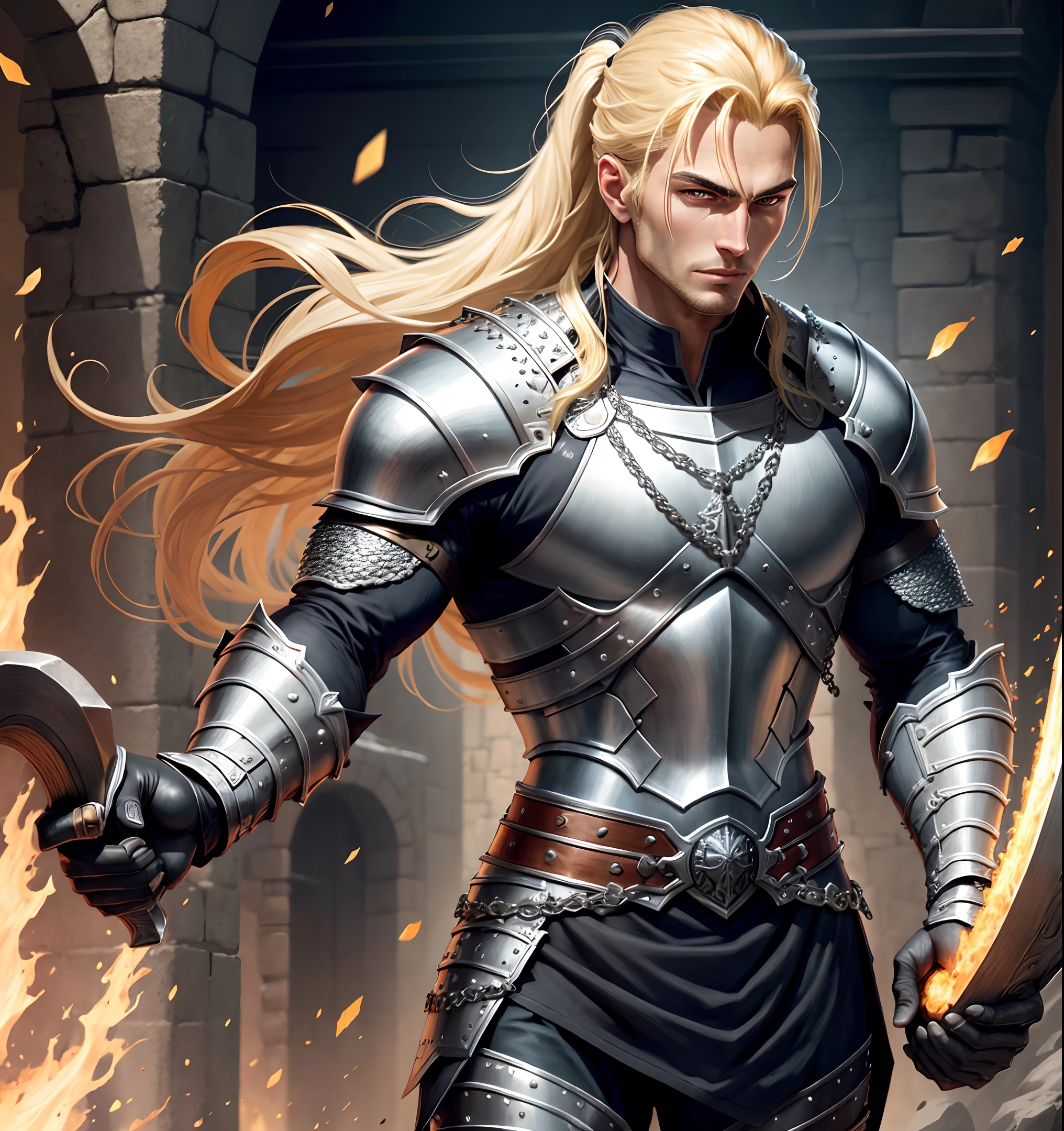"Splendid high-resolution artwork featuring a handsome single character with blonde hair and a stylish high ponytail wearing silver chainmail armor, embodying the essence of a noble and virtuous Holy Warrior."