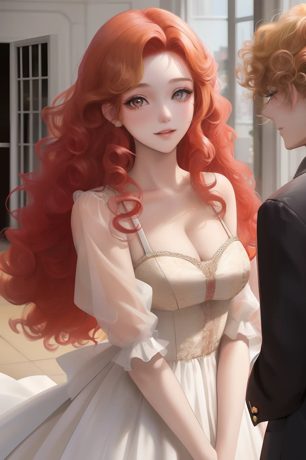 girl, bishoujo, English, masterpiece, solo, hair over shoulder, red hair, blonde hair, disheveled hair, curly_hair, wavy hair, beautiful detailed eyes, looking at viewer, light smile, brown eyes, medium breasts, wedding_dress, arms behind back , highres, comic, 