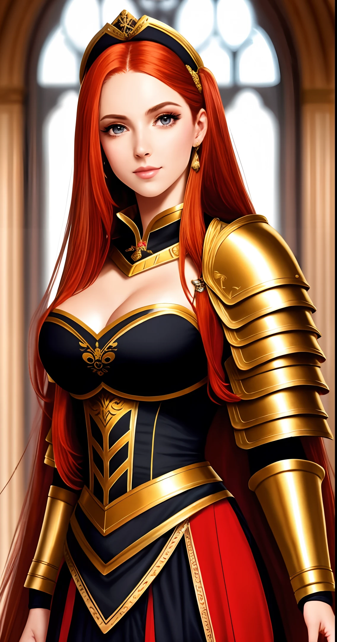 A close-up of a nifty maid, long hair, European armor, amazing body, apparent femininity, stadiums, golden | | red ginger hair] [ash, flirting with the lens