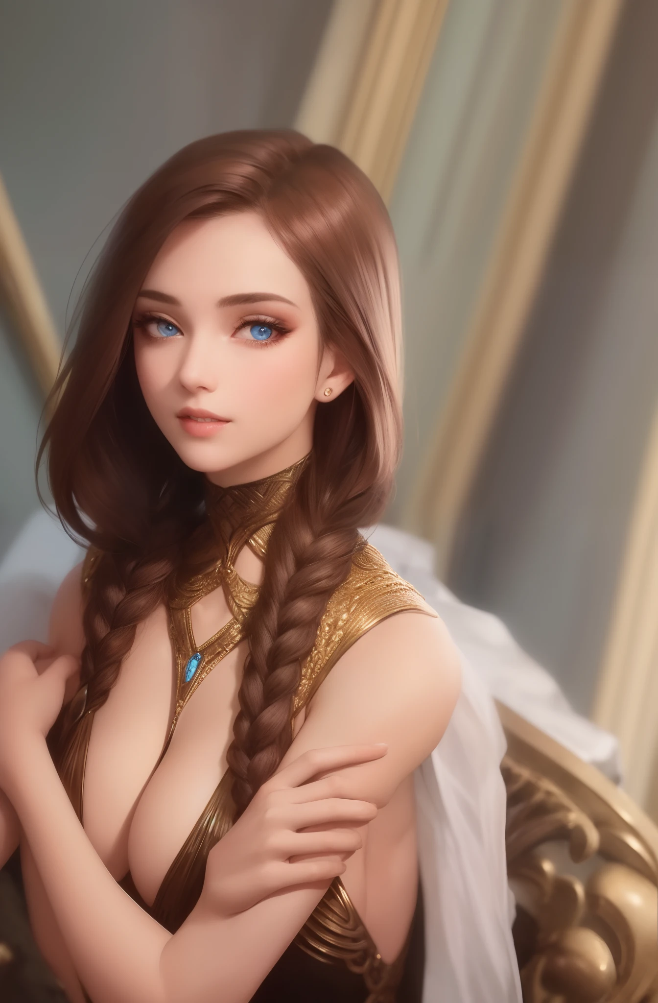 best quality, masterpiece, upper body,
woman,
braided bronze brown hair,
azure eyes,
1920s plunging neckline dress