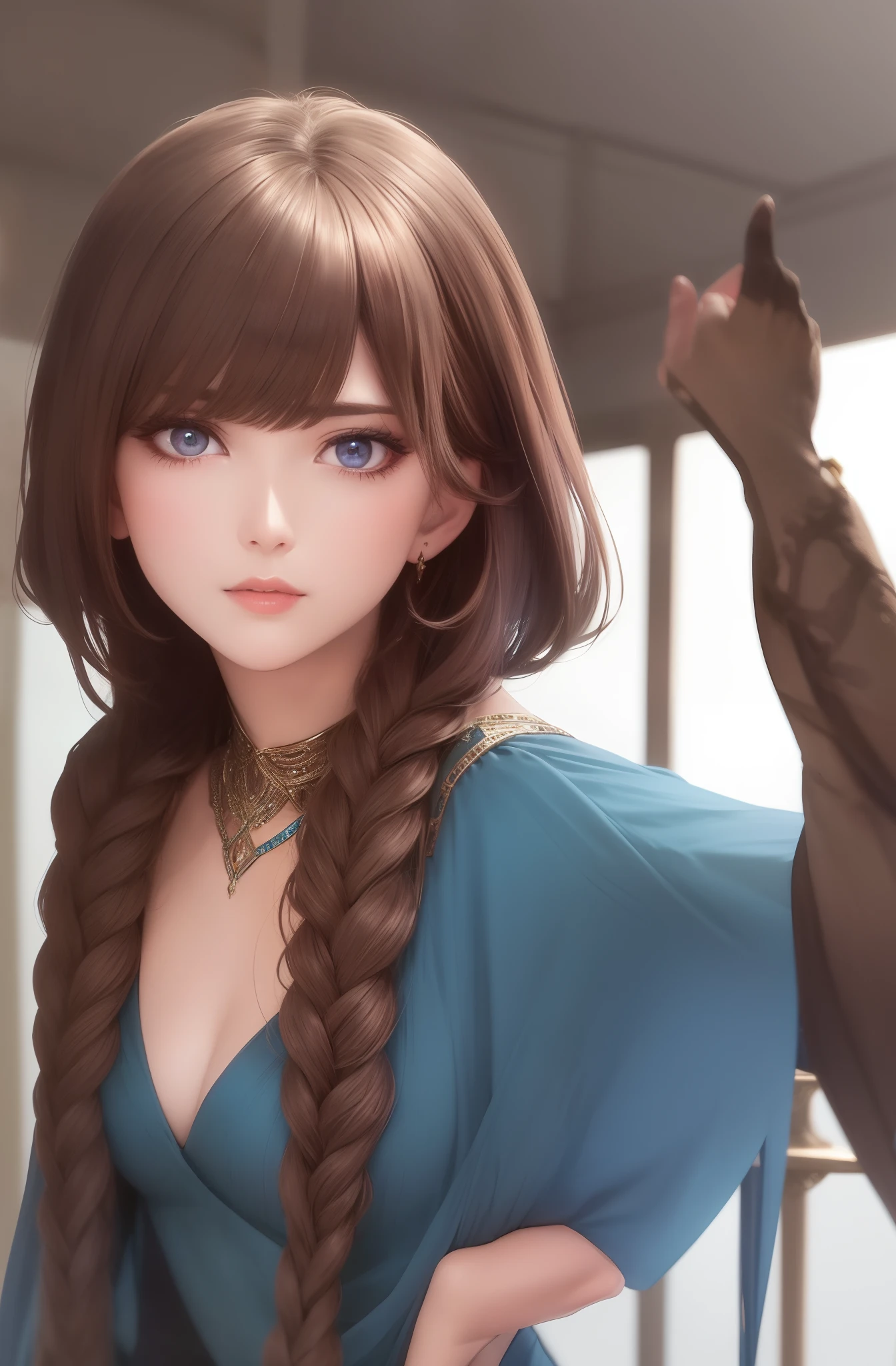 best quality, masterpiece, upper body,
woman,
braided bronze brown hair,
azure eyes,
1920s plunging neckline dress