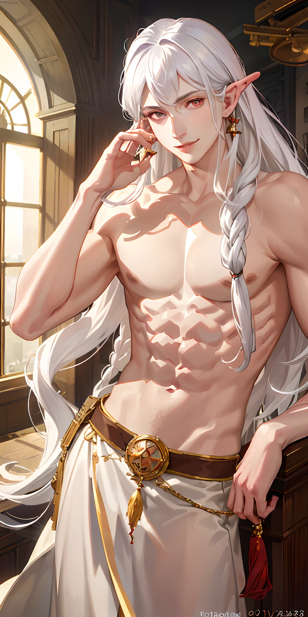 (photorealistic:1.4),best quality, masterpiece,male,thin,muscle,pointed ear,pale gray skin,long curly white hair,red eyes,smile,bard,DND,