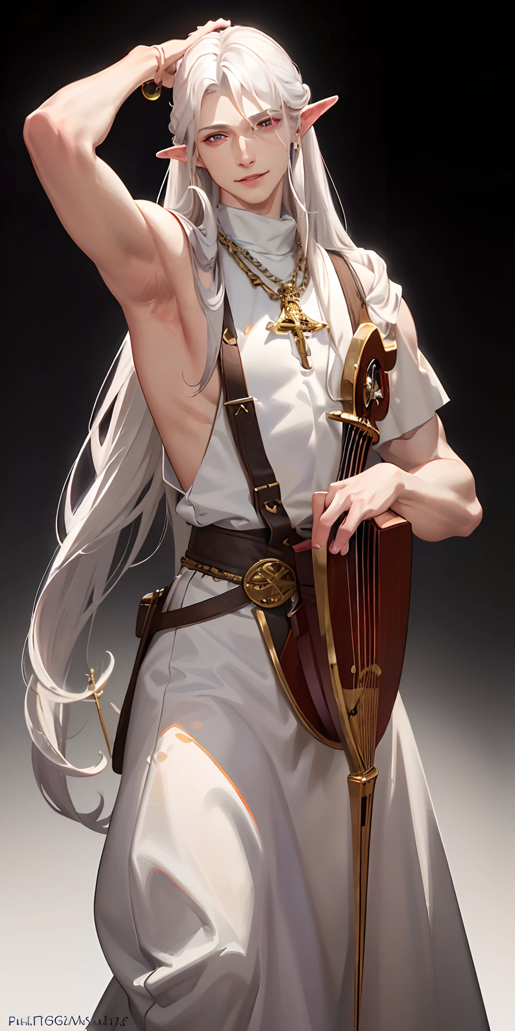 (photorealistic:1.4),best quality, masterpiece,male,thin,muscle,pointed ear,pale gray skin,long curly white hair,red eyes,smile,bard,DND,A lute on his back