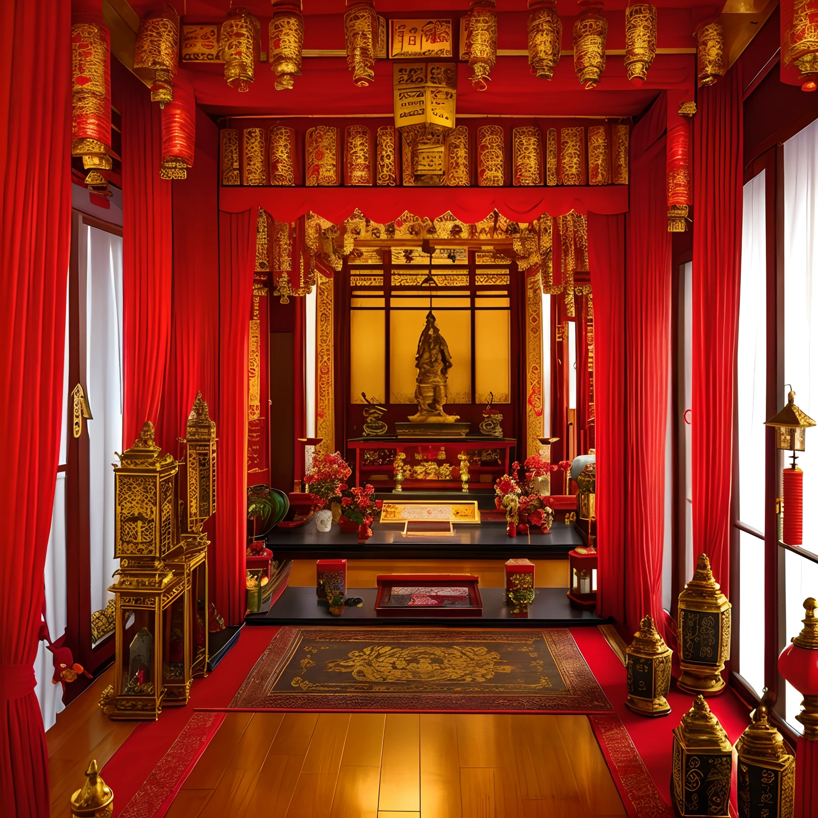 Penthouse, interior, shrine, incense burner, incense burning, worship of the God of Wealth, lanterns, main hall, pillars, red curtains