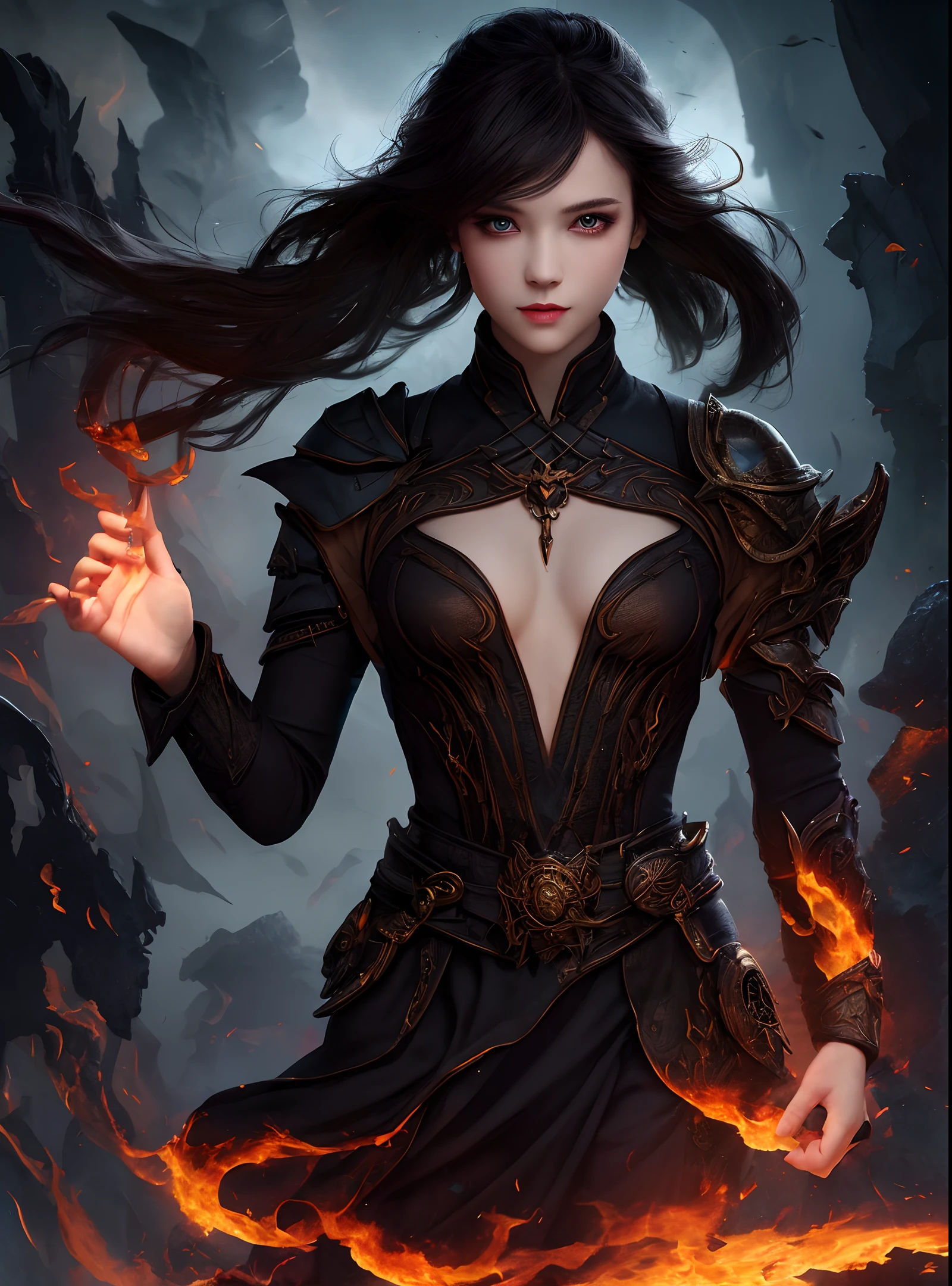 1girl,solo,masterpiece, best quality,fantasy,dark,shadow,
face is important,boy is important,eyes are important,rThe character is the main body of the work,(upper body),
flames,ruins, swirling magic, 