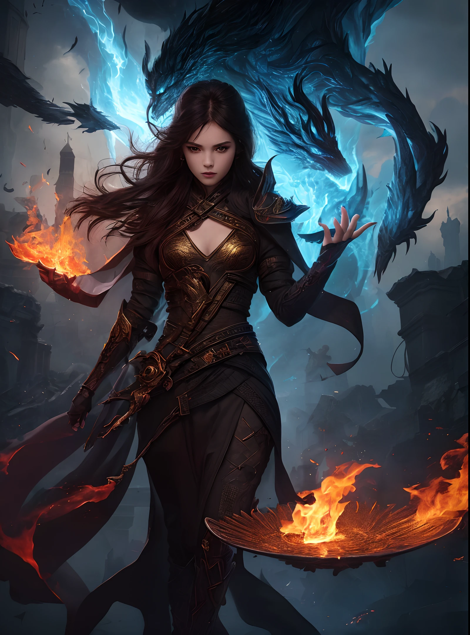 1girl,solo,masterpiece, best quality,fantasy,dark,shadow,
face is important,boy is important,eyes are important,rThe character is the main body of the work,(upper body),
flames,ruins, swirling magic, 